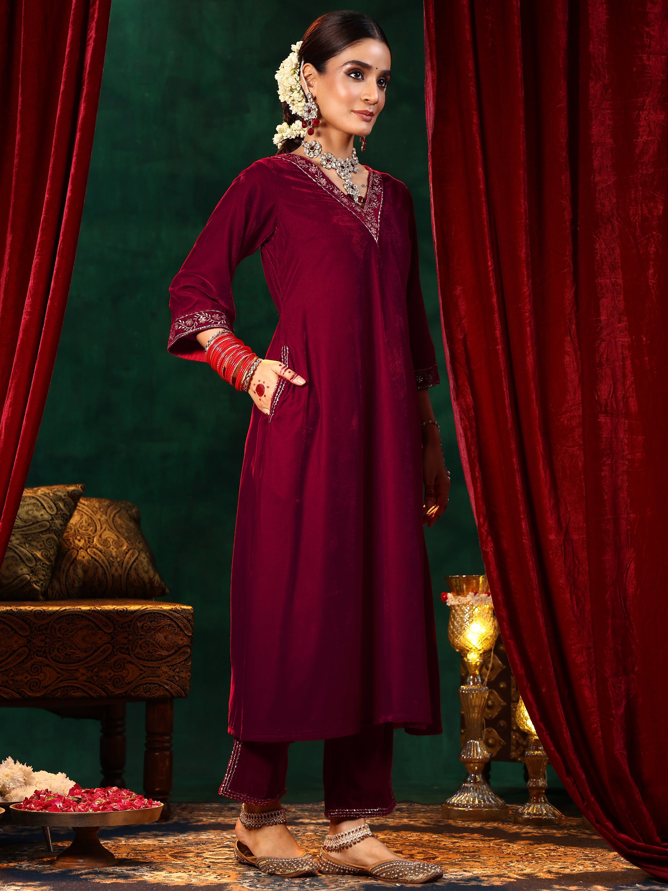 Red Yoke Design Velvet A-Line Kurta With Trousers & Dupatta