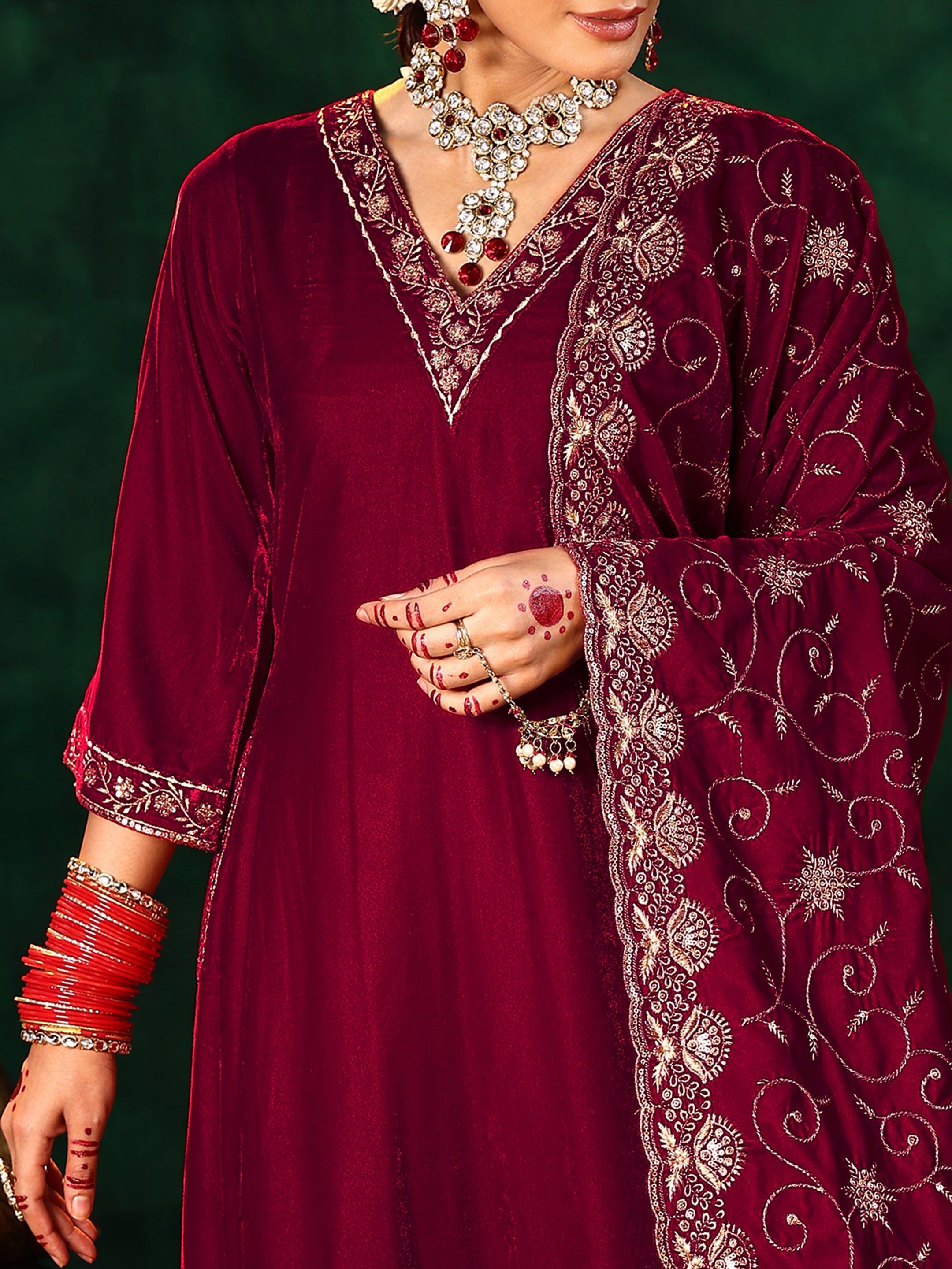 Red Yoke Design Velvet A-Line Kurta With Trousers & Dupatta