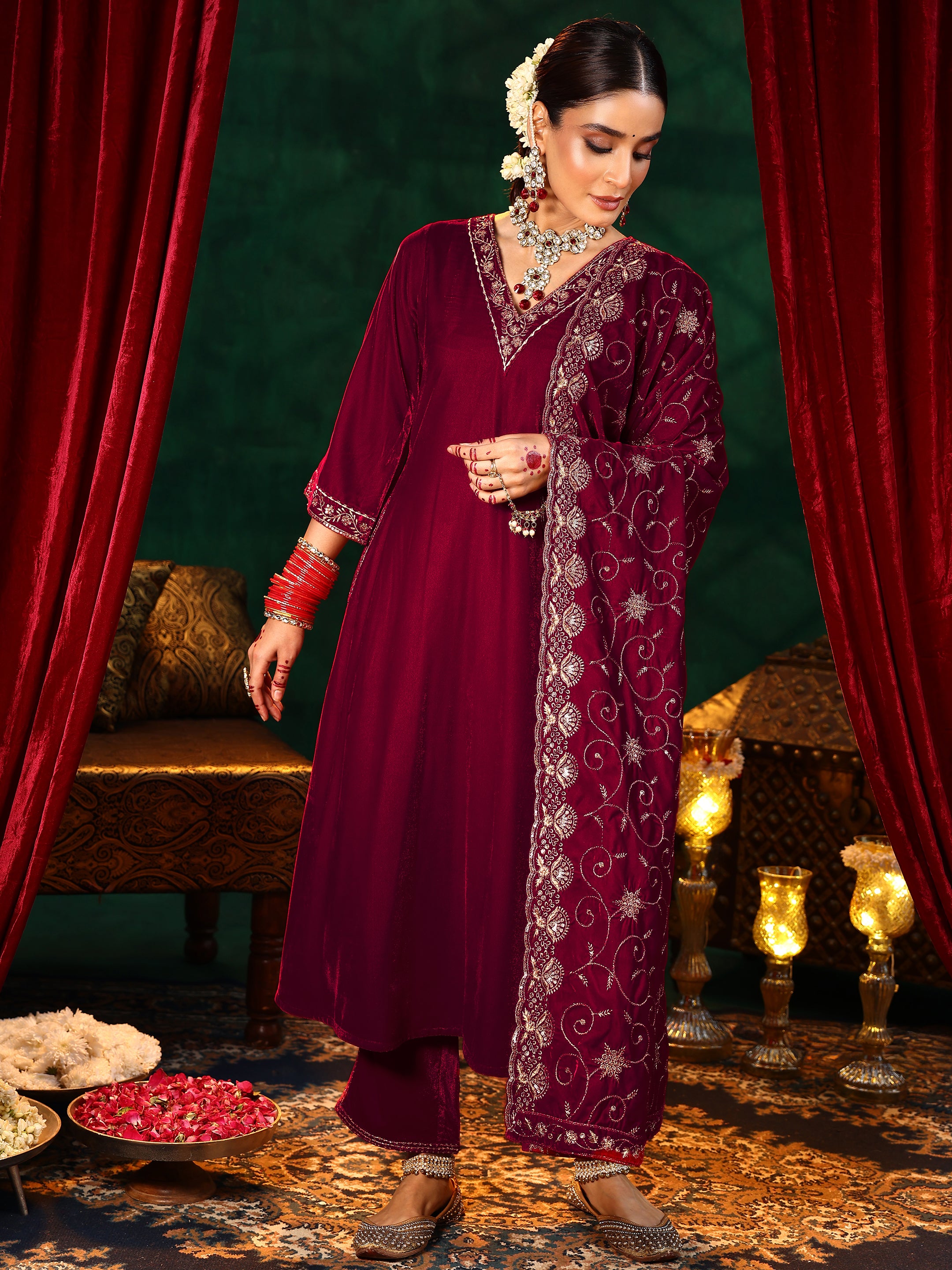 Red Yoke Design Velvet A-Line Kurta With Trousers & Dupatta