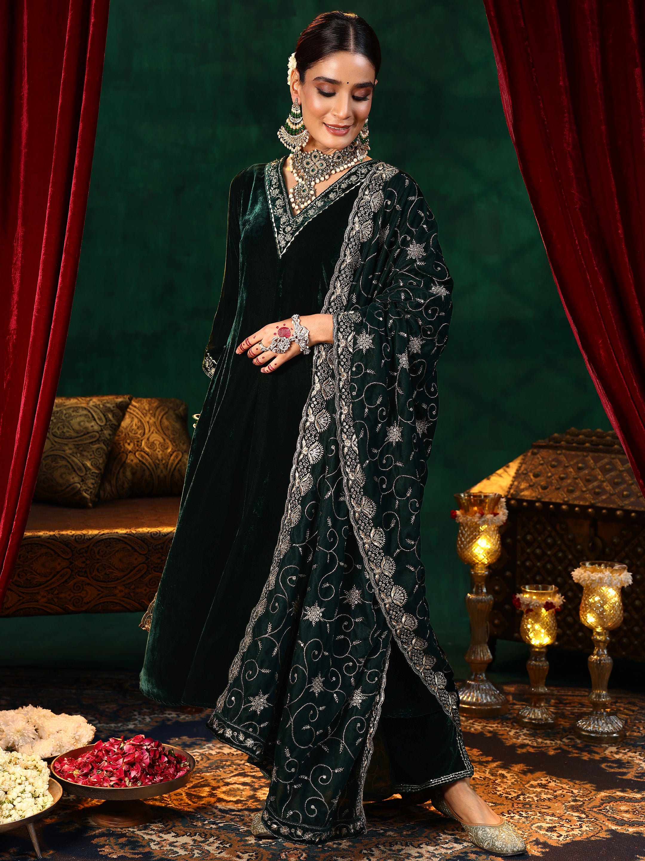 Green Yoke Design Velvet A-Line Kurta With Trousers & Dupatta