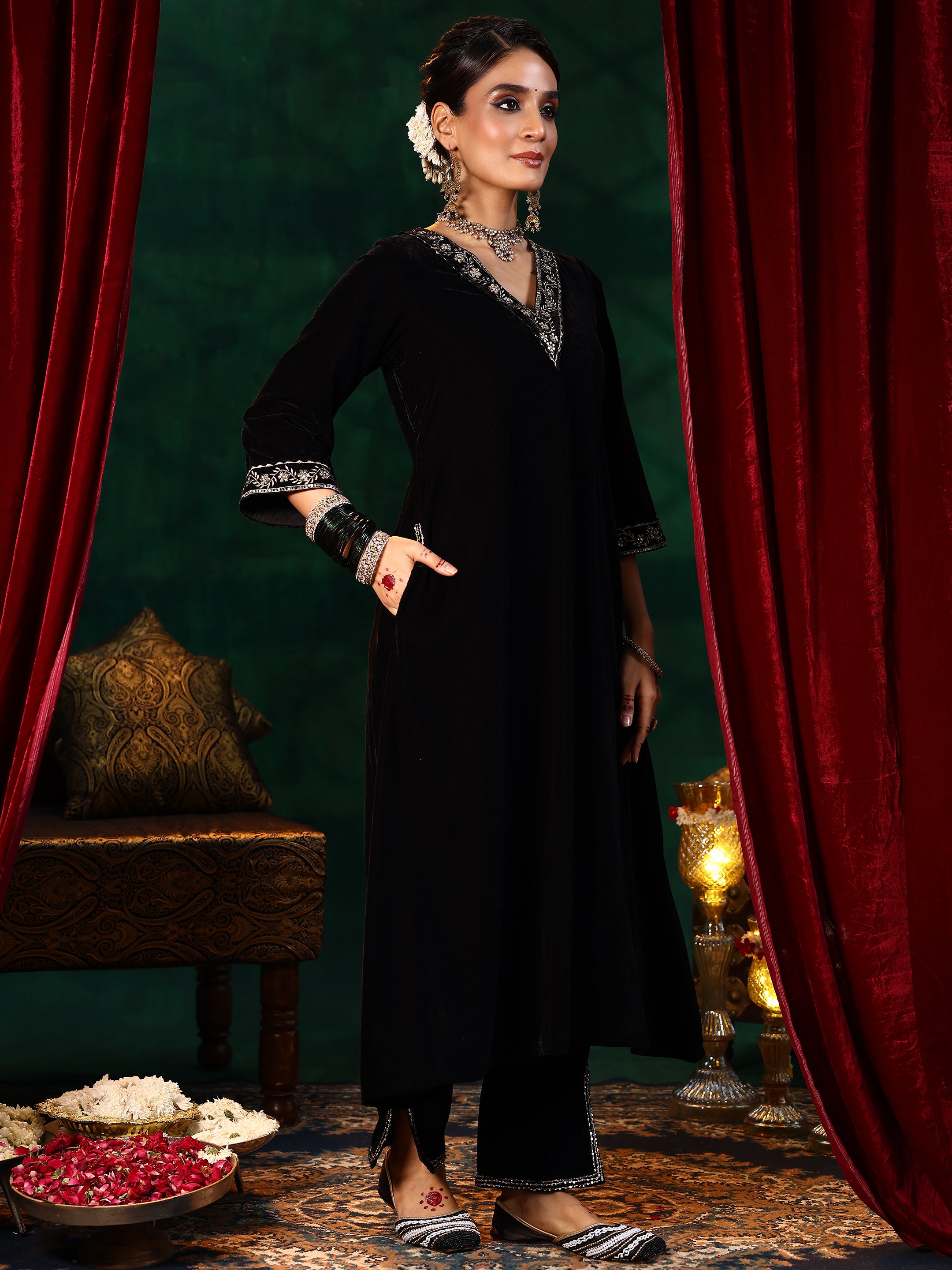 Black Yoke Design Velvet A-Line Kurta With Trousers & Dupatta