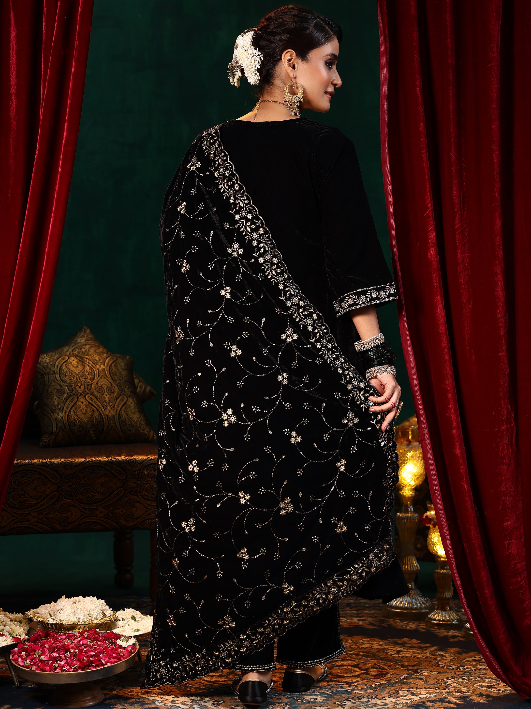 Black Yoke Design Velvet A-Line Kurta With Trousers & Dupatta