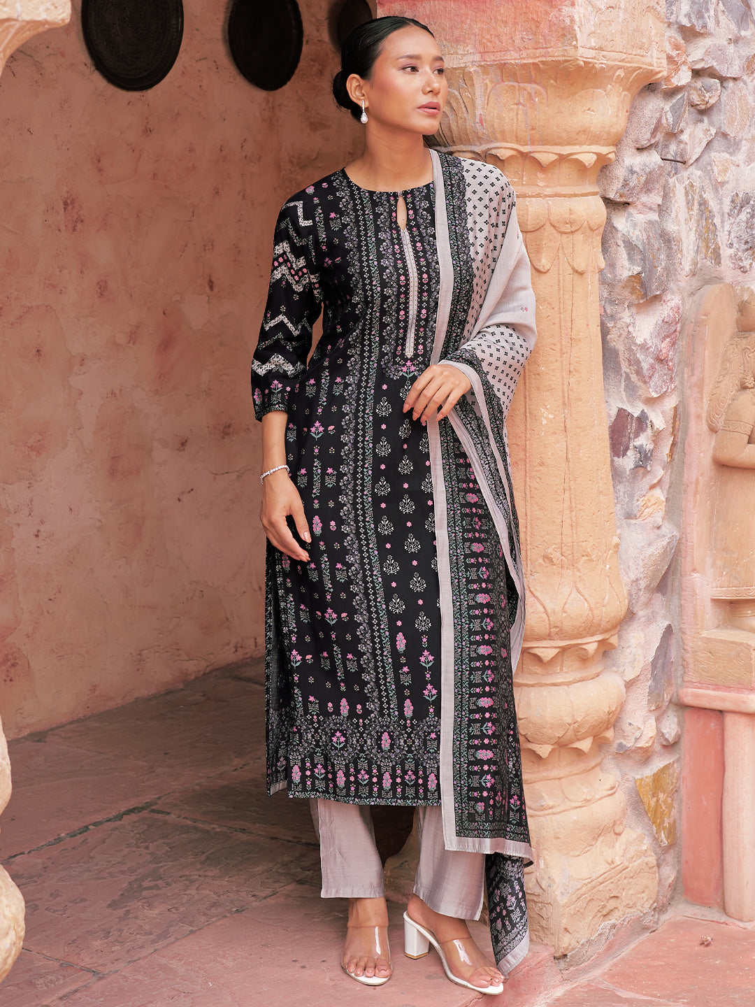 Black Printed Silk Blend Straight Suit With Dupatta