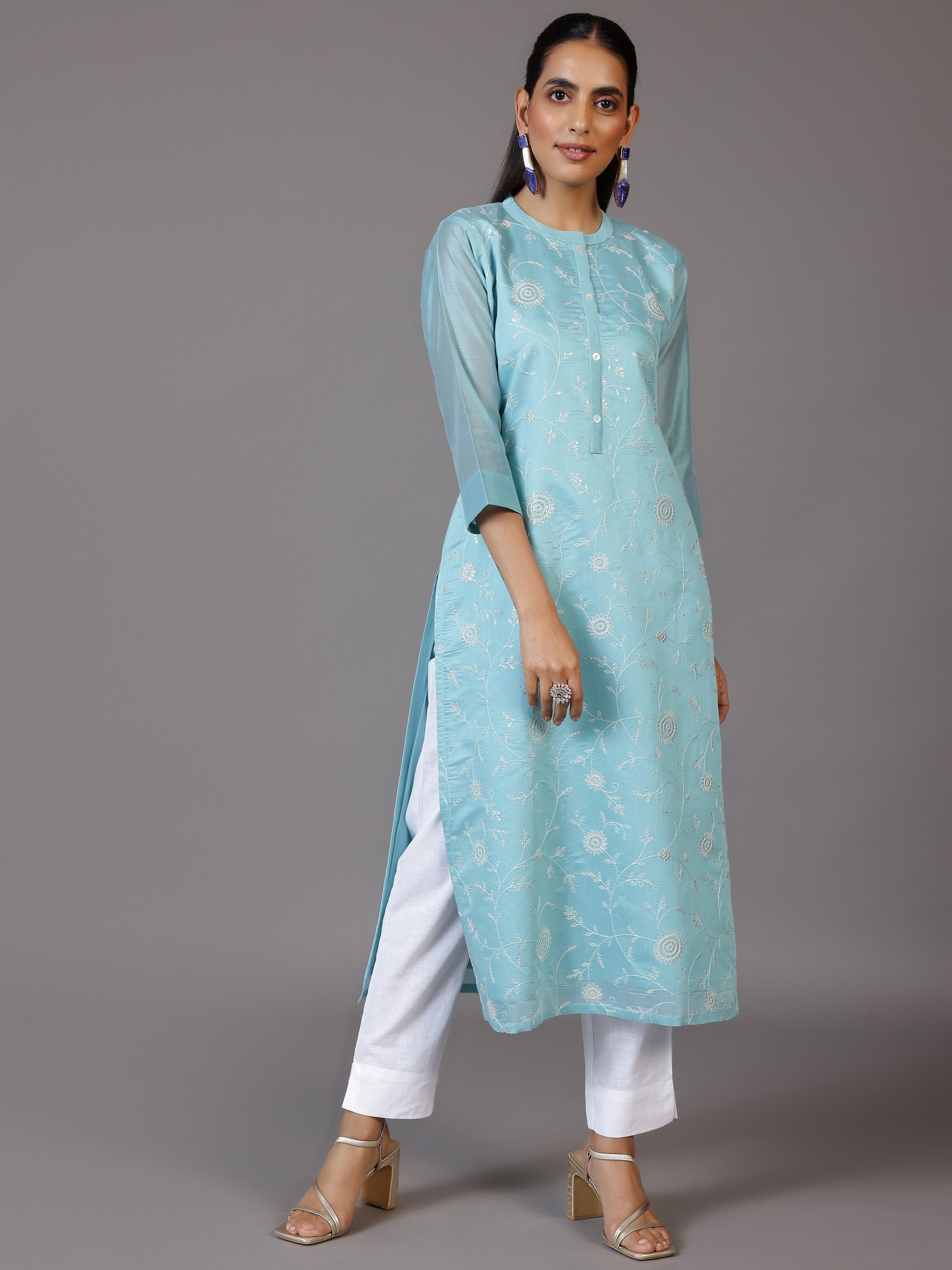 Blue Embroidered Chanderi Silk Straight Kurta