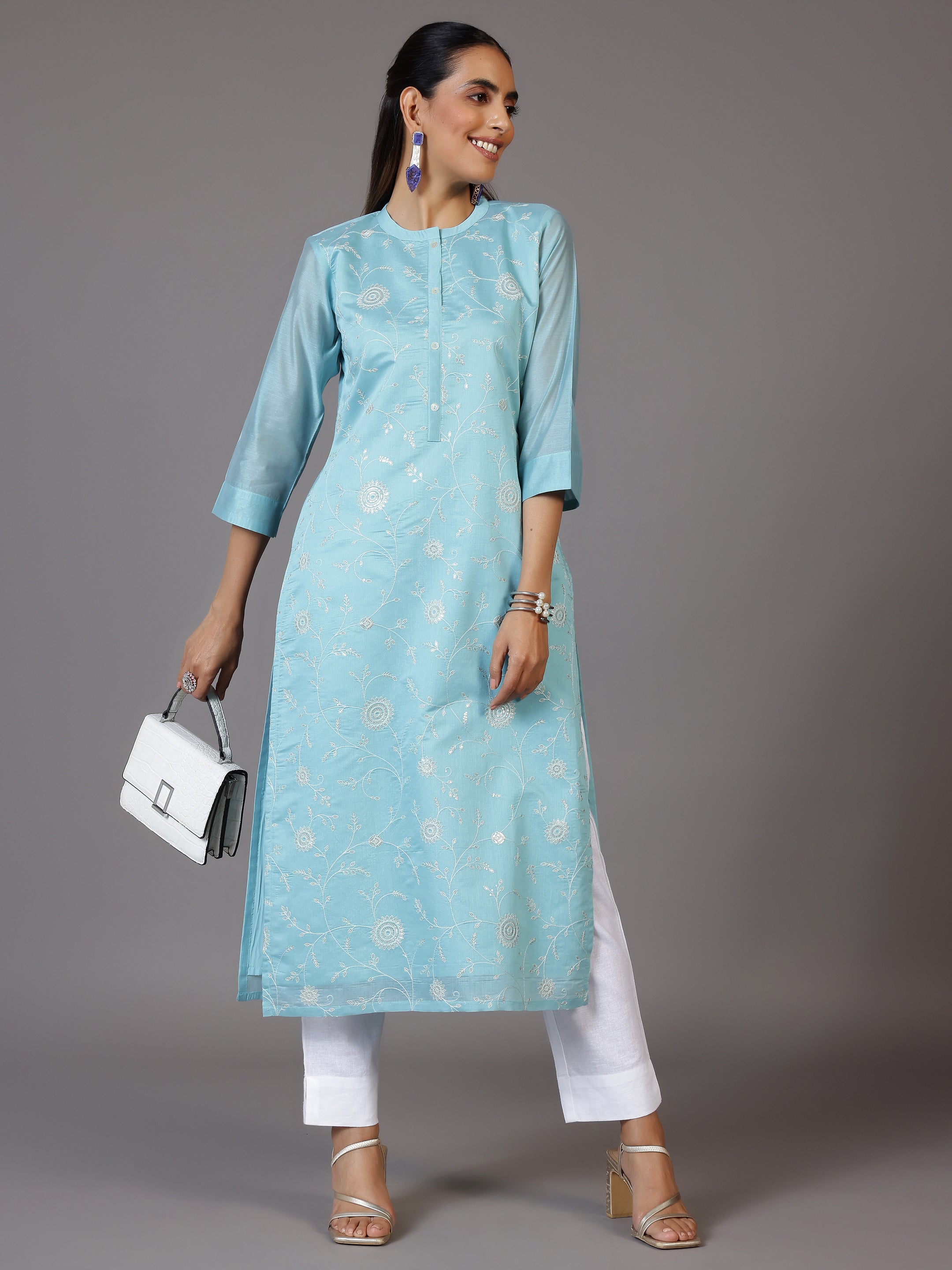 Blue Embroidered Chanderi Silk Straight Kurta