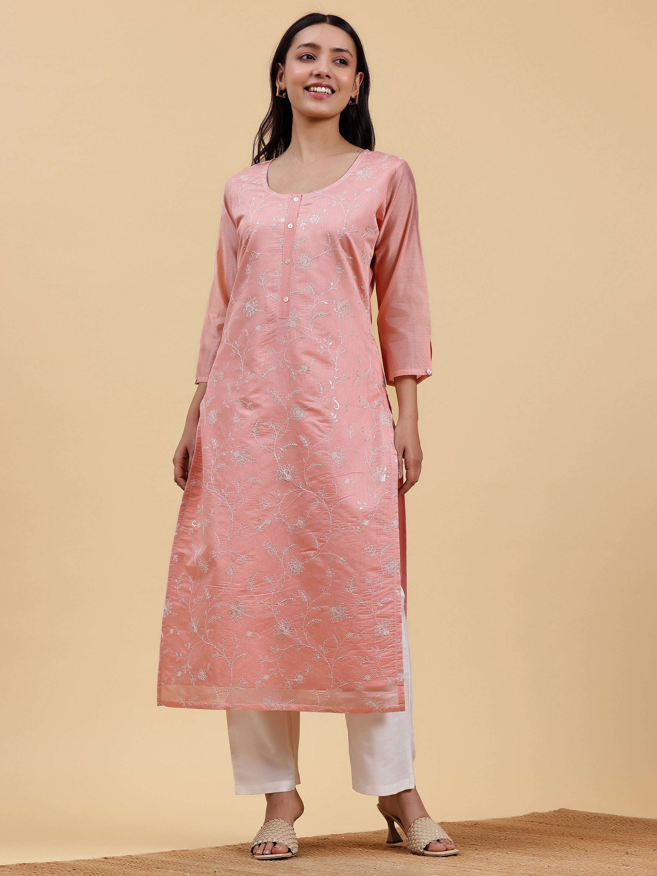 Peach Embroidered Chanderi Silk Straight Kurta