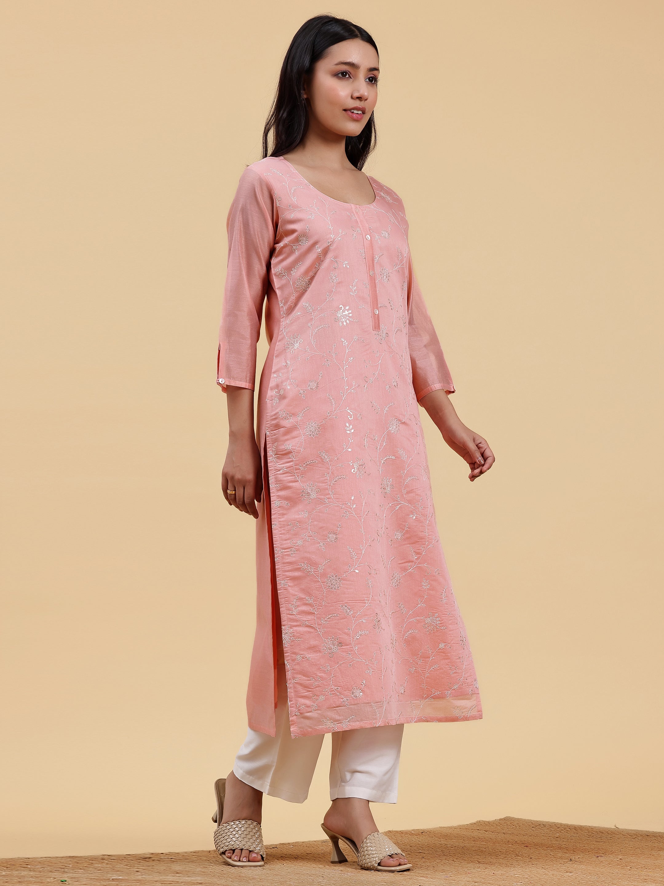 Peach Embroidered Chanderi Silk Straight Kurta