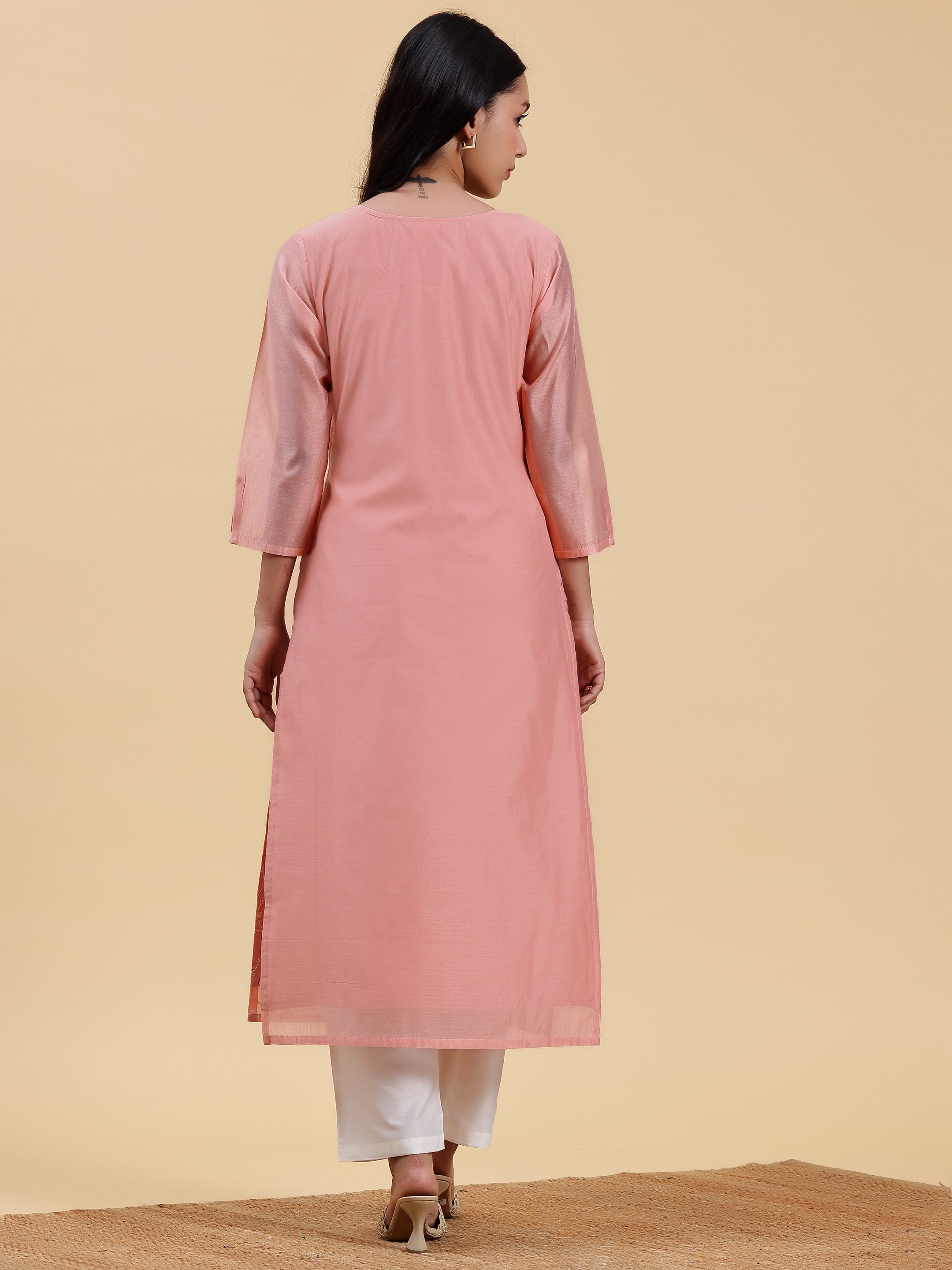 Peach Embroidered Chanderi Silk Straight Kurta