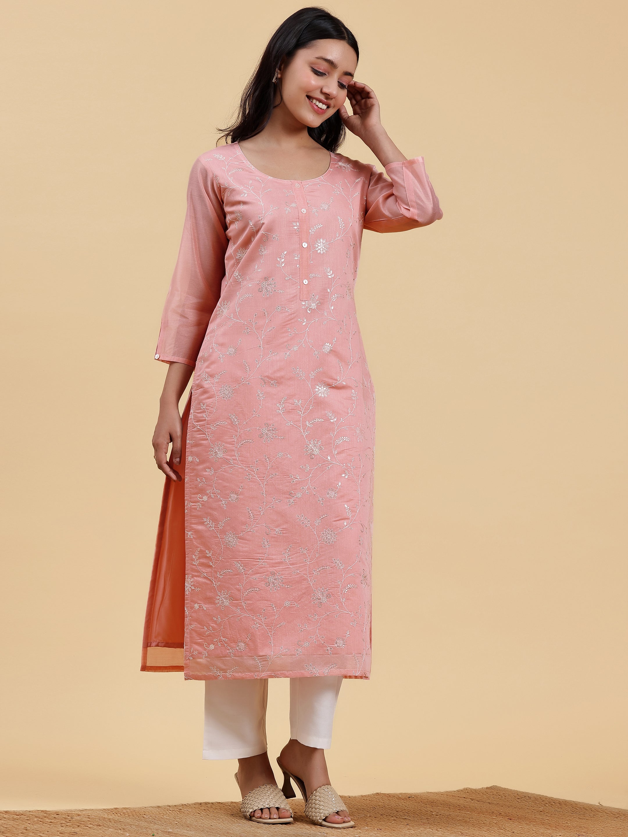 Peach Embroidered Chanderi Silk Straight Kurta