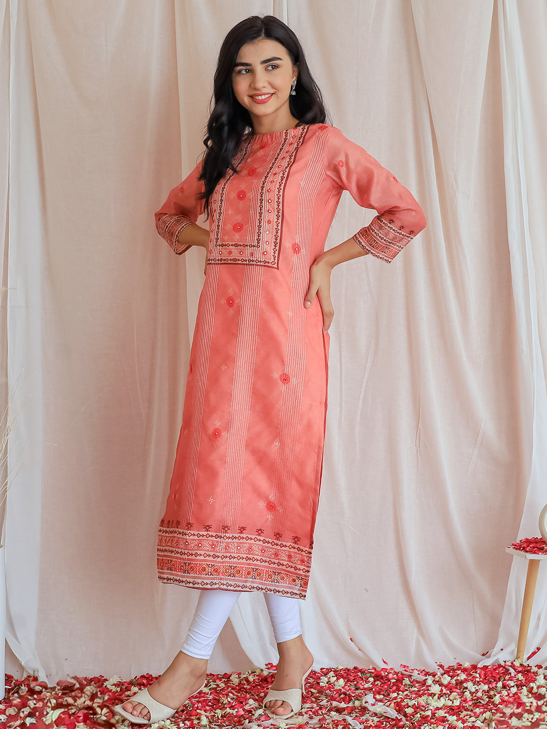 Pink Embellished Chanderi Silk Straight Kurta