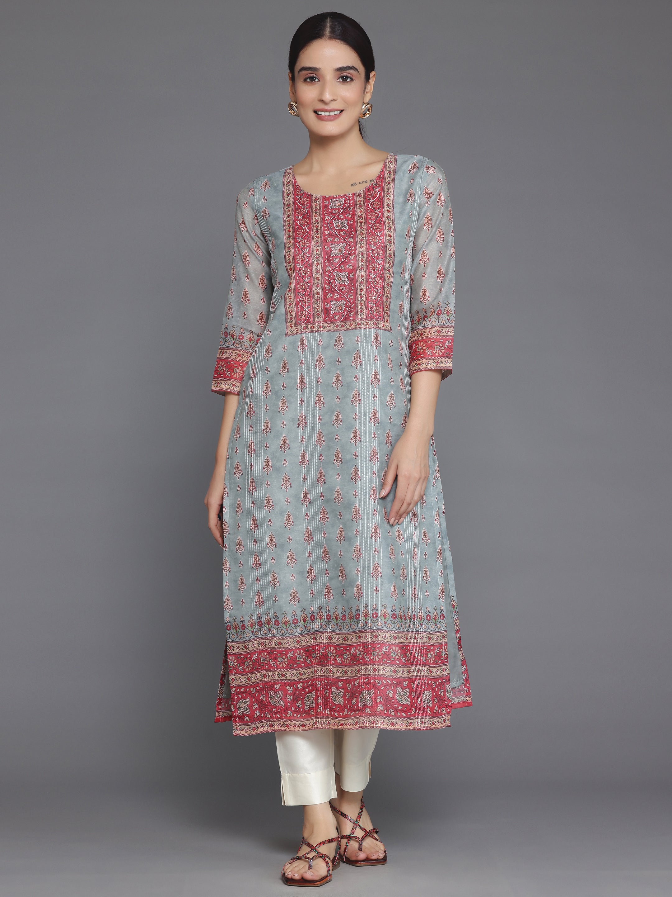 Grey Embellished Chanderi Silk Straight Kurta