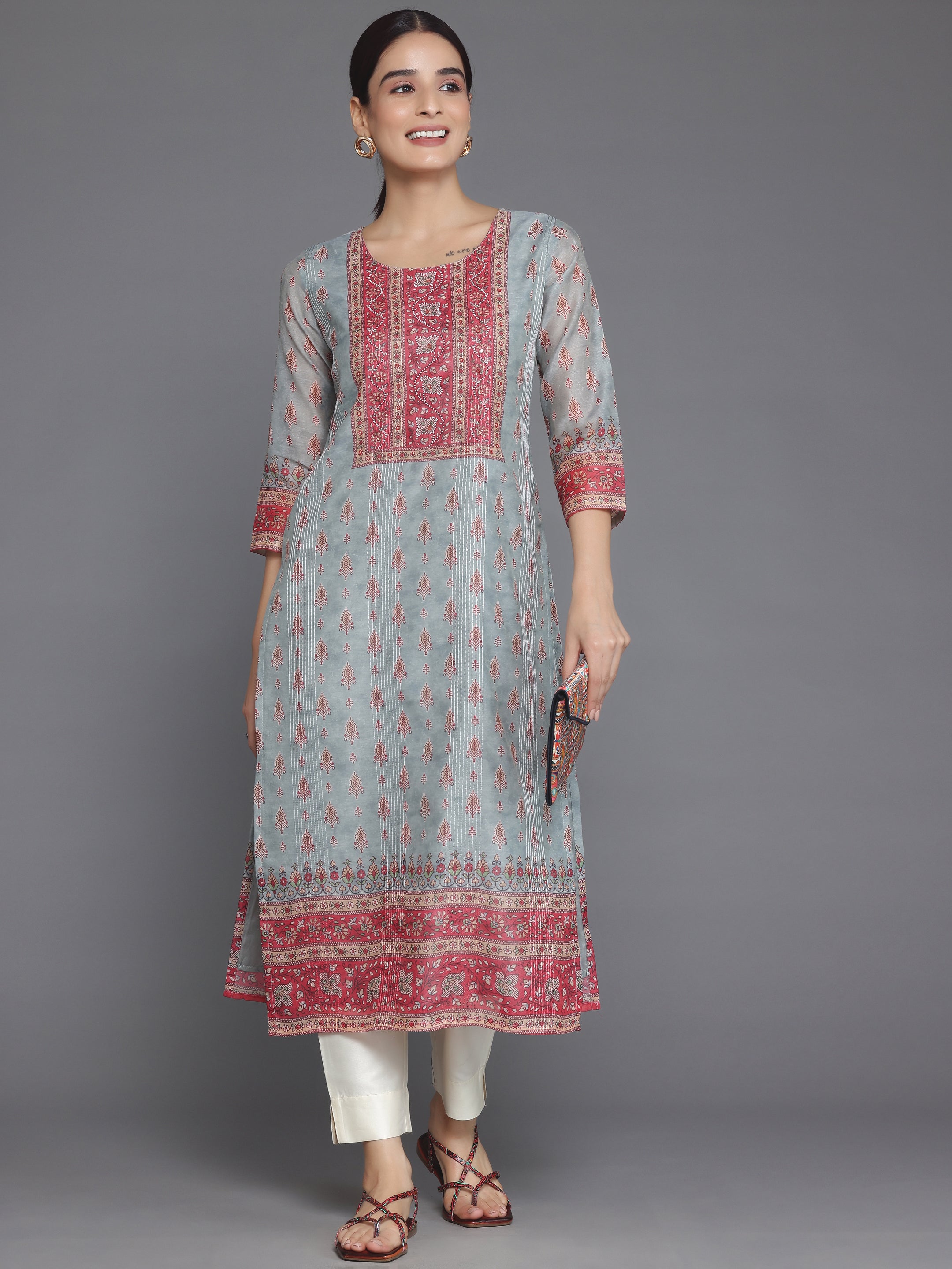 Grey Embellished Chanderi Silk Straight Kurta