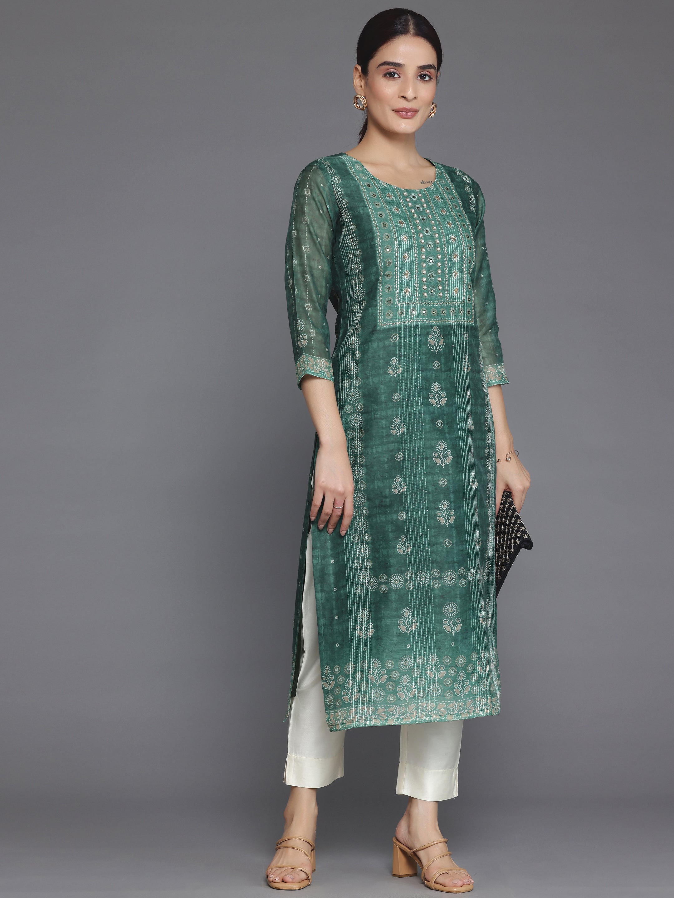 Green Embellished Chanderi Silk Straight Kurta