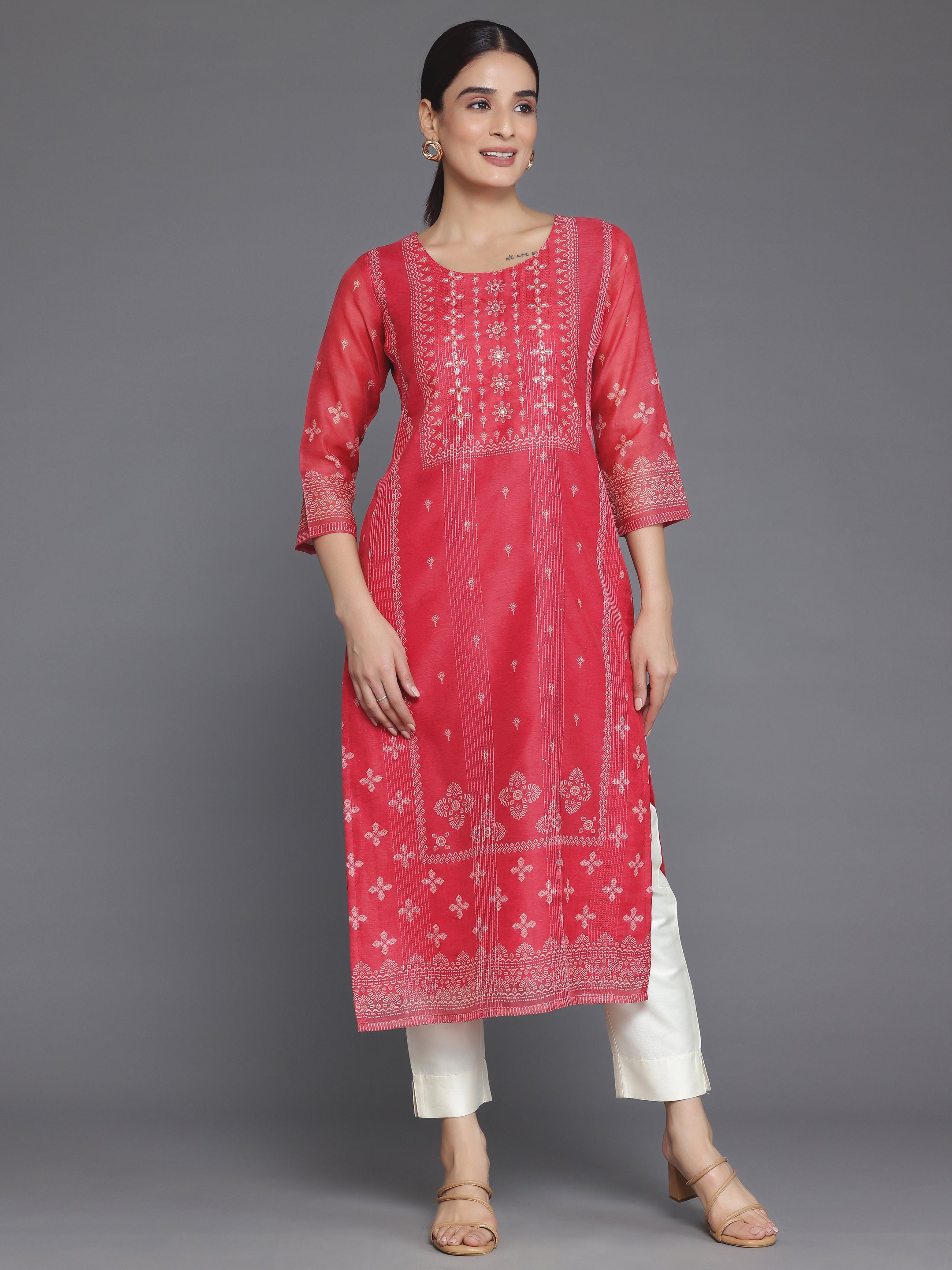 Coral Embellished Chanderi Silk Straight Kurta