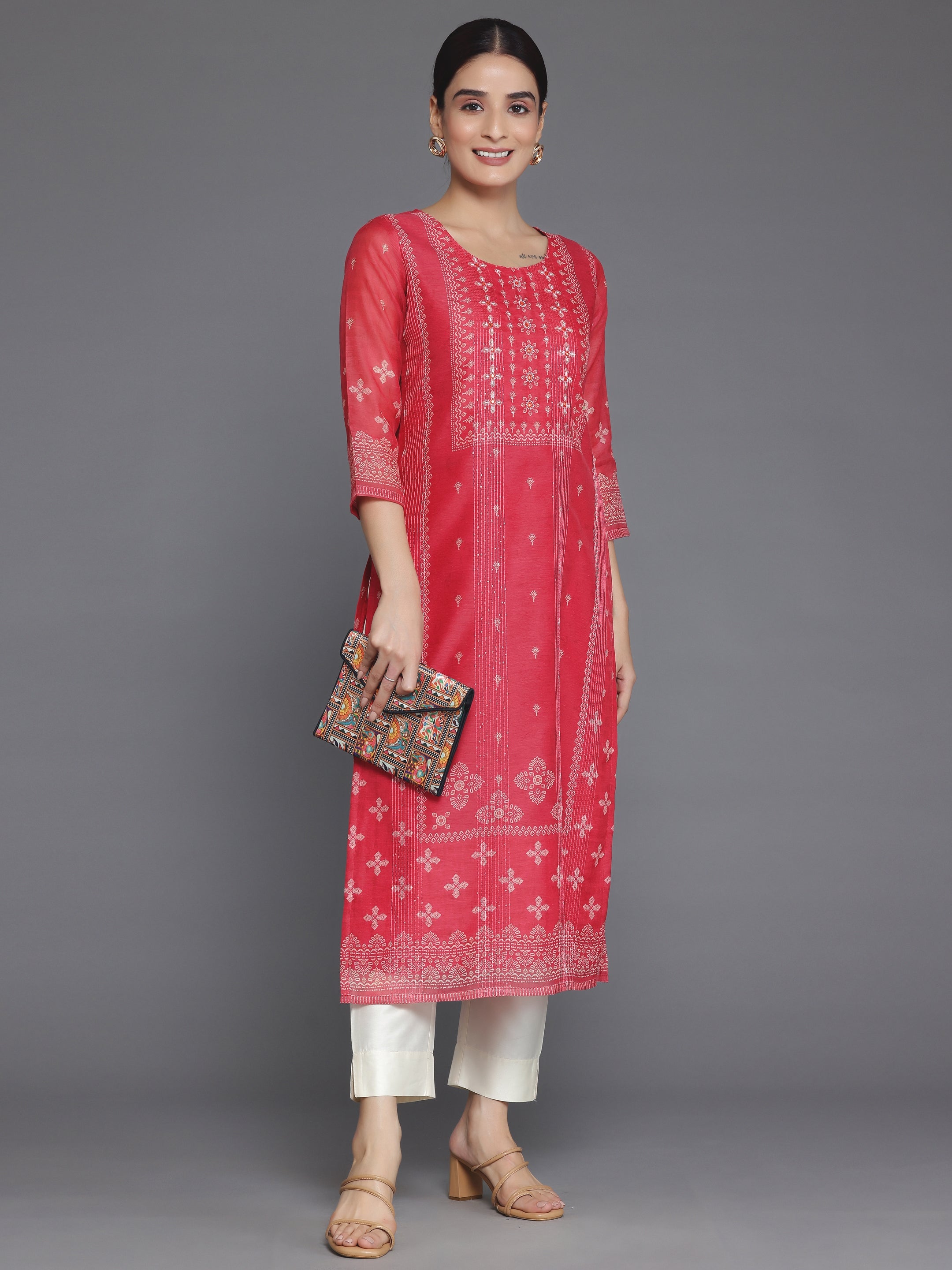 Coral Embellished Chanderi Silk Straight Kurta