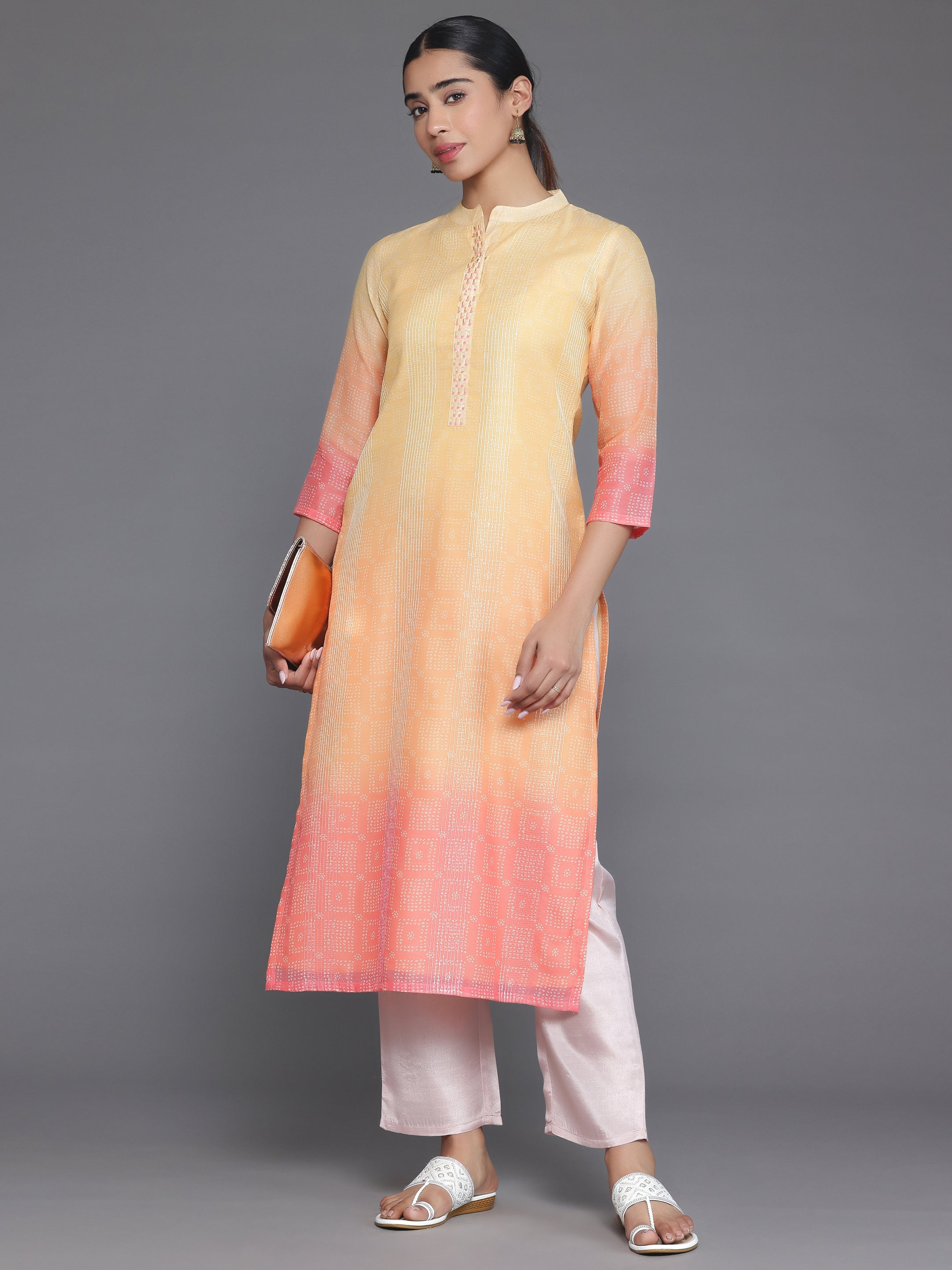 Yellow Embellished Chanderi Silk Straight Kurta