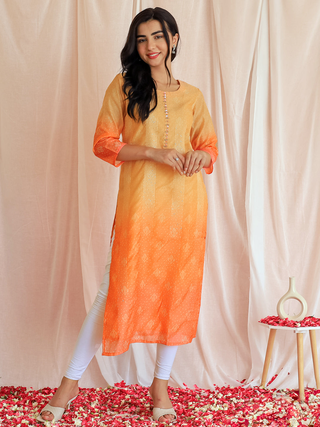 Peach Printed Chanderi Silk Straight Kurta