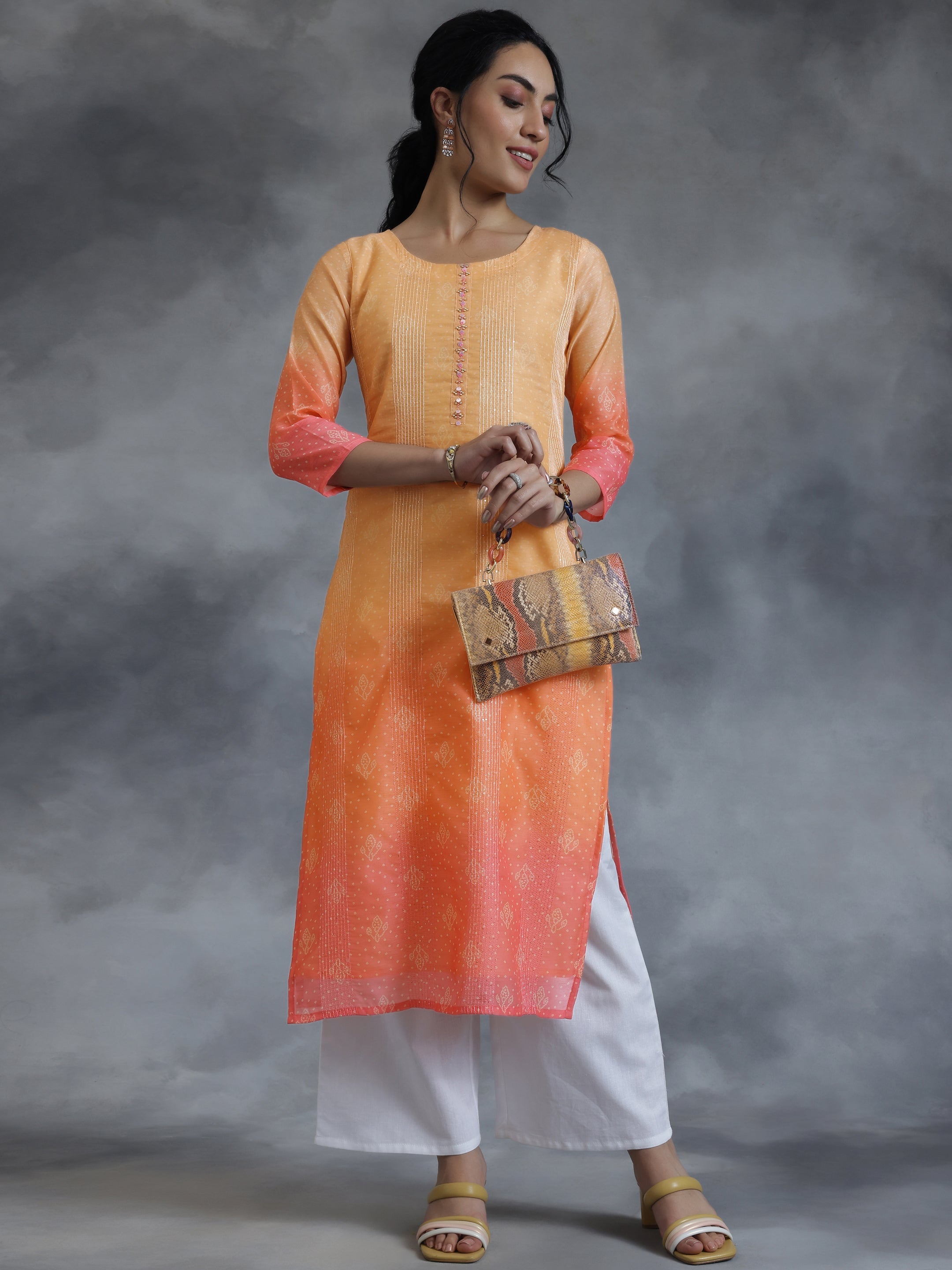 Peach Printed Chanderi Silk Straight Kurta