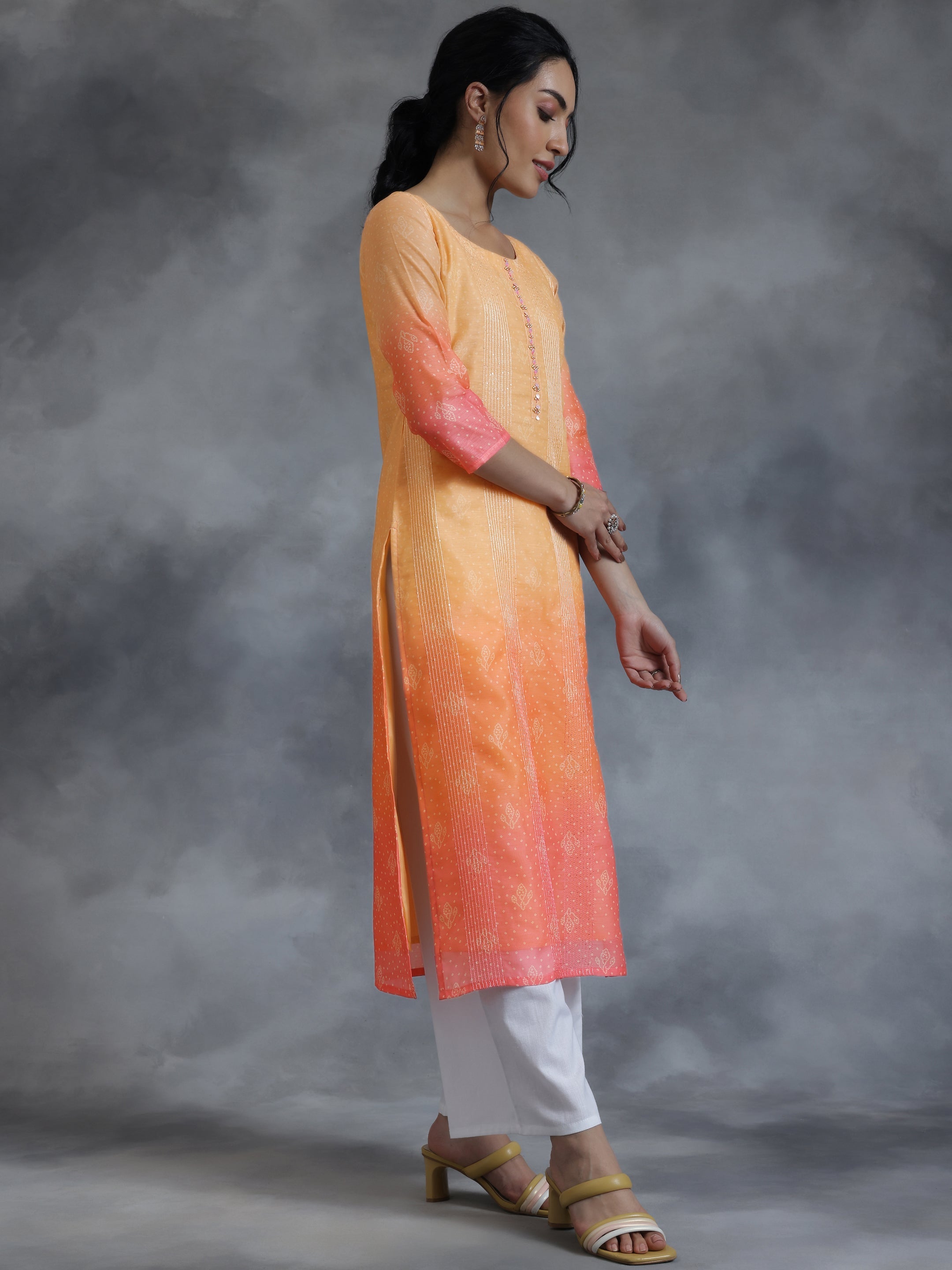 Peach Printed Chanderi Silk Straight Kurta