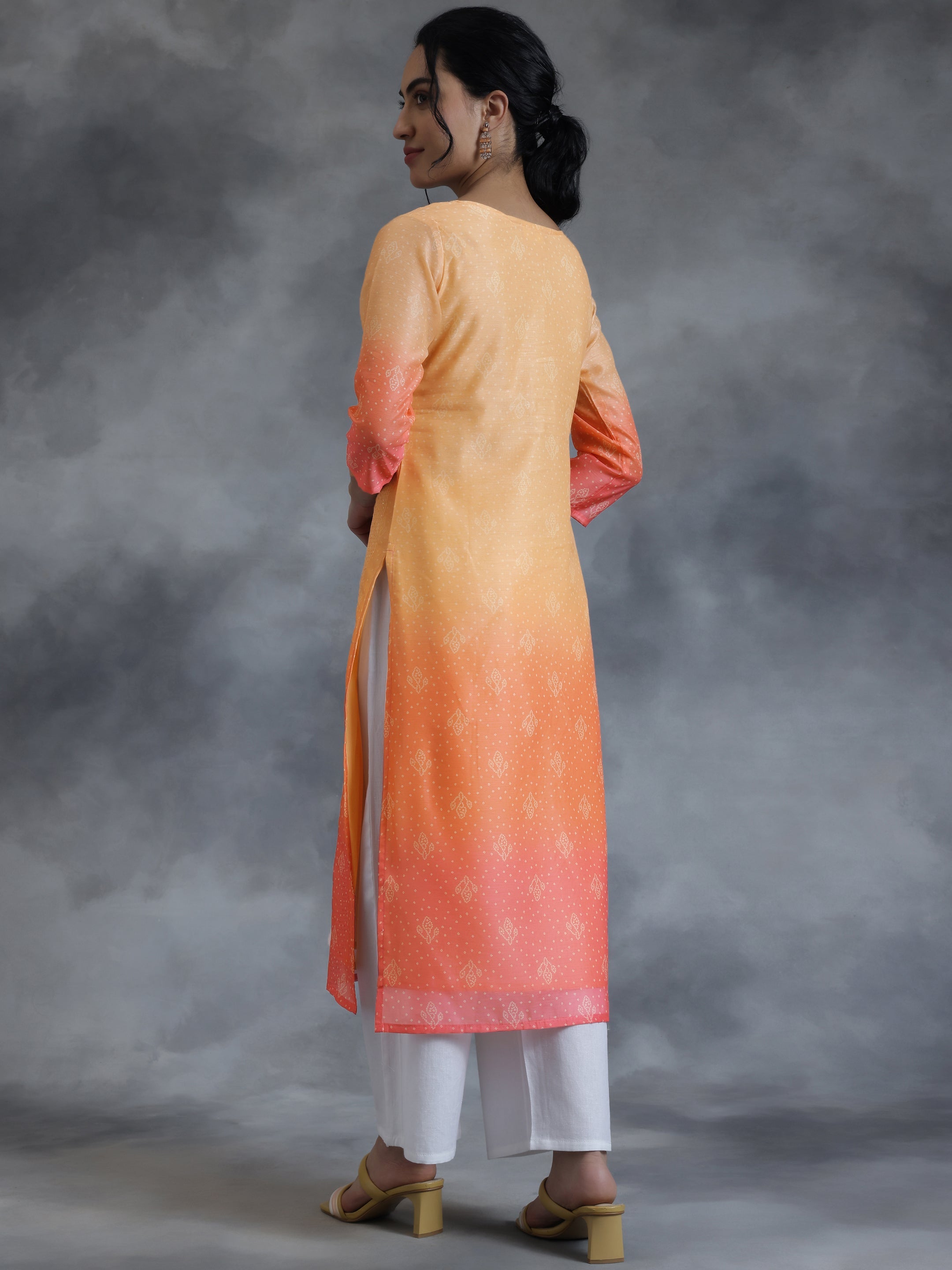 Peach Printed Chanderi Silk Straight Kurta