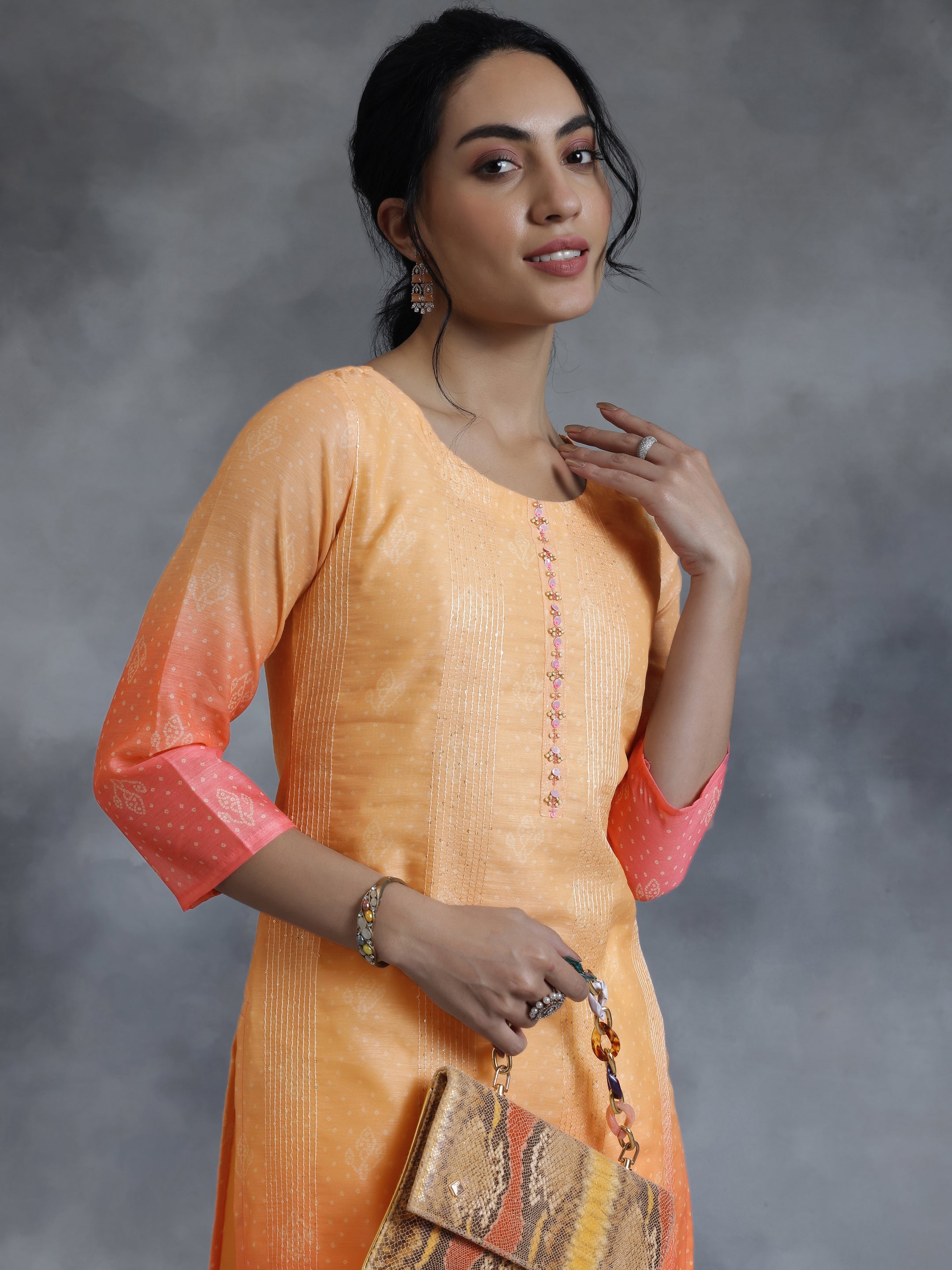 Peach Printed Chanderi Silk Straight Kurta