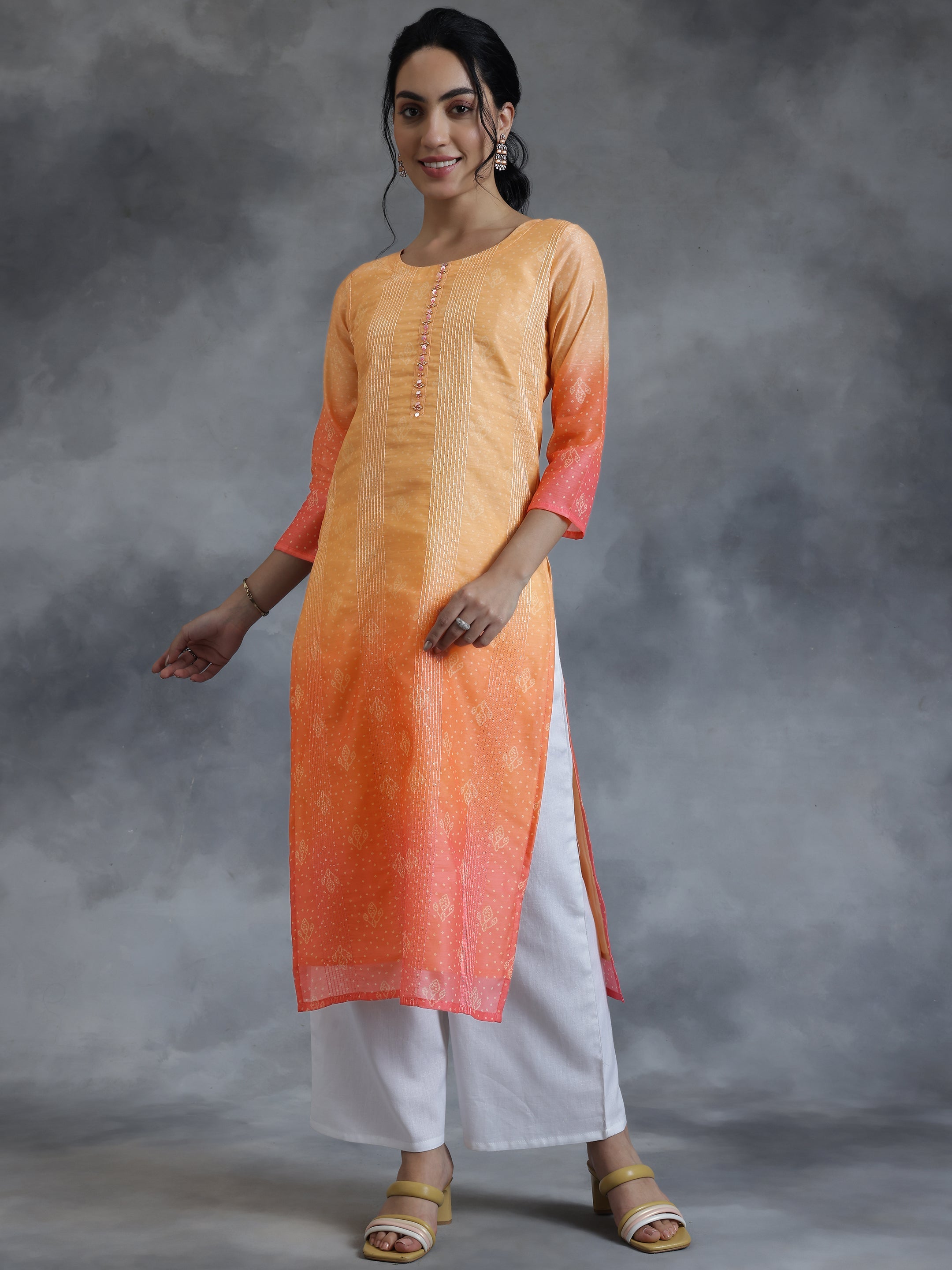 Peach Printed Chanderi Silk Straight Kurta