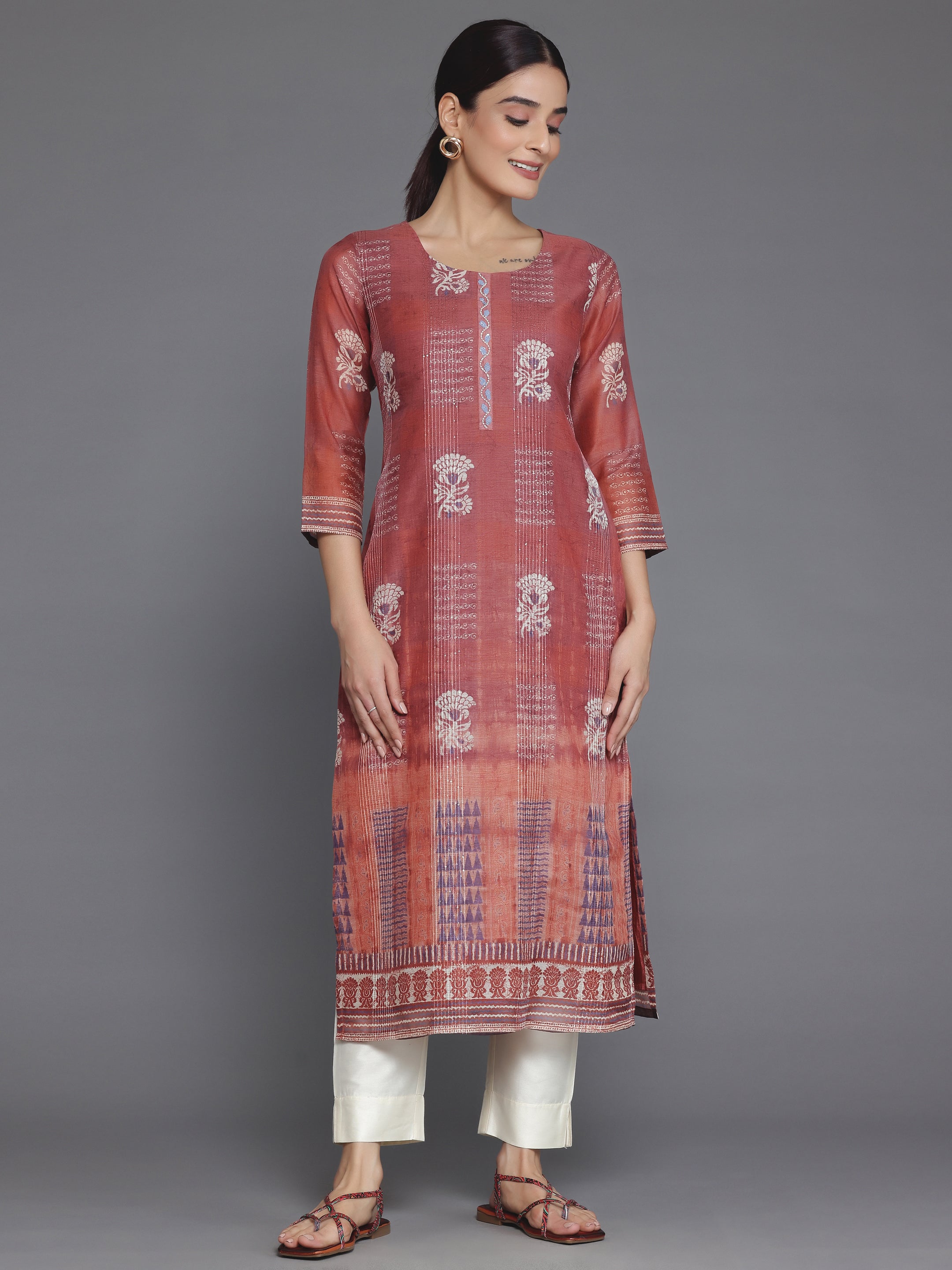 Rust Embellished Chanderi Silk Straight Kurta