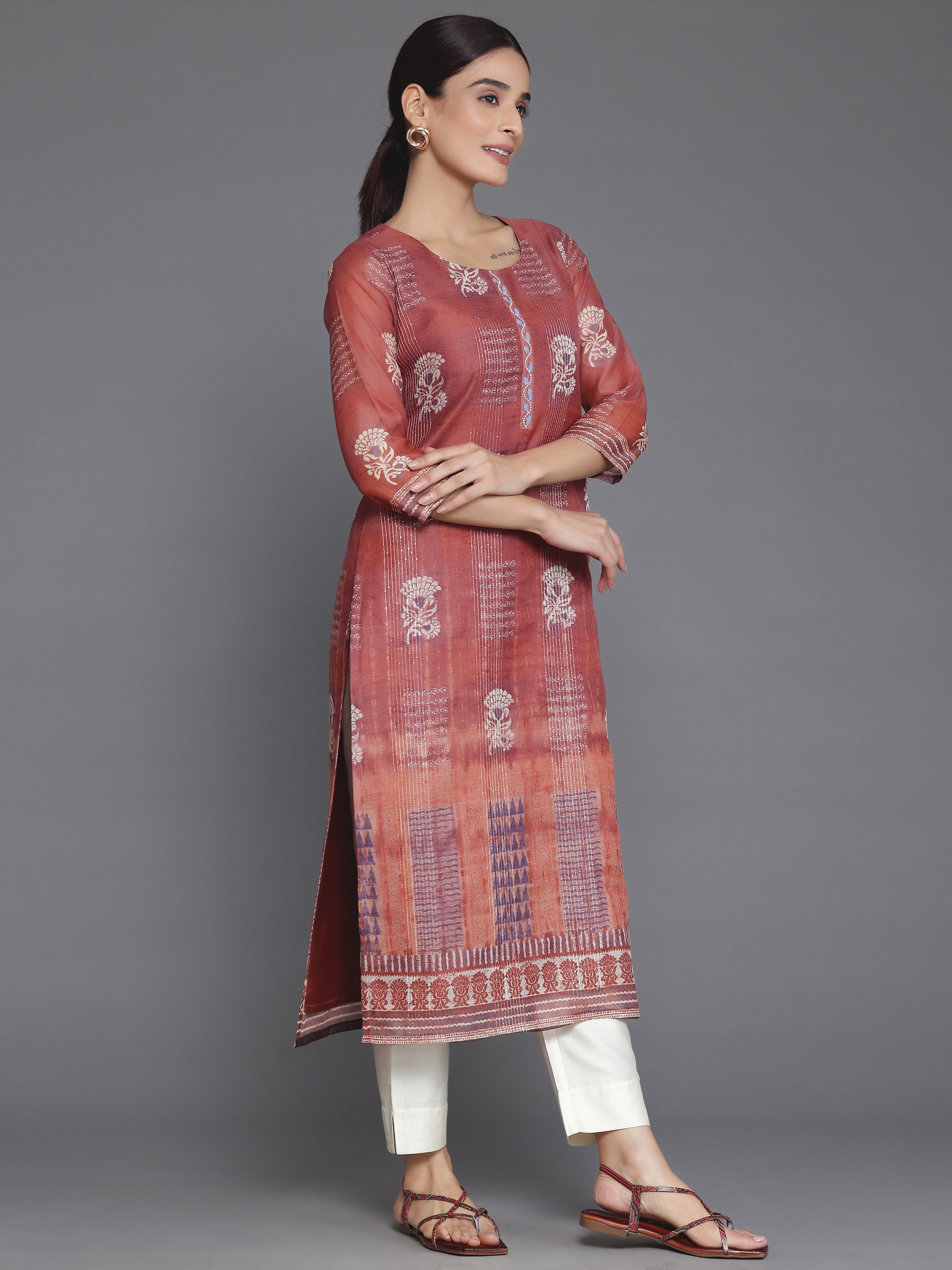 Rust Embellished Chanderi Silk Straight Kurta