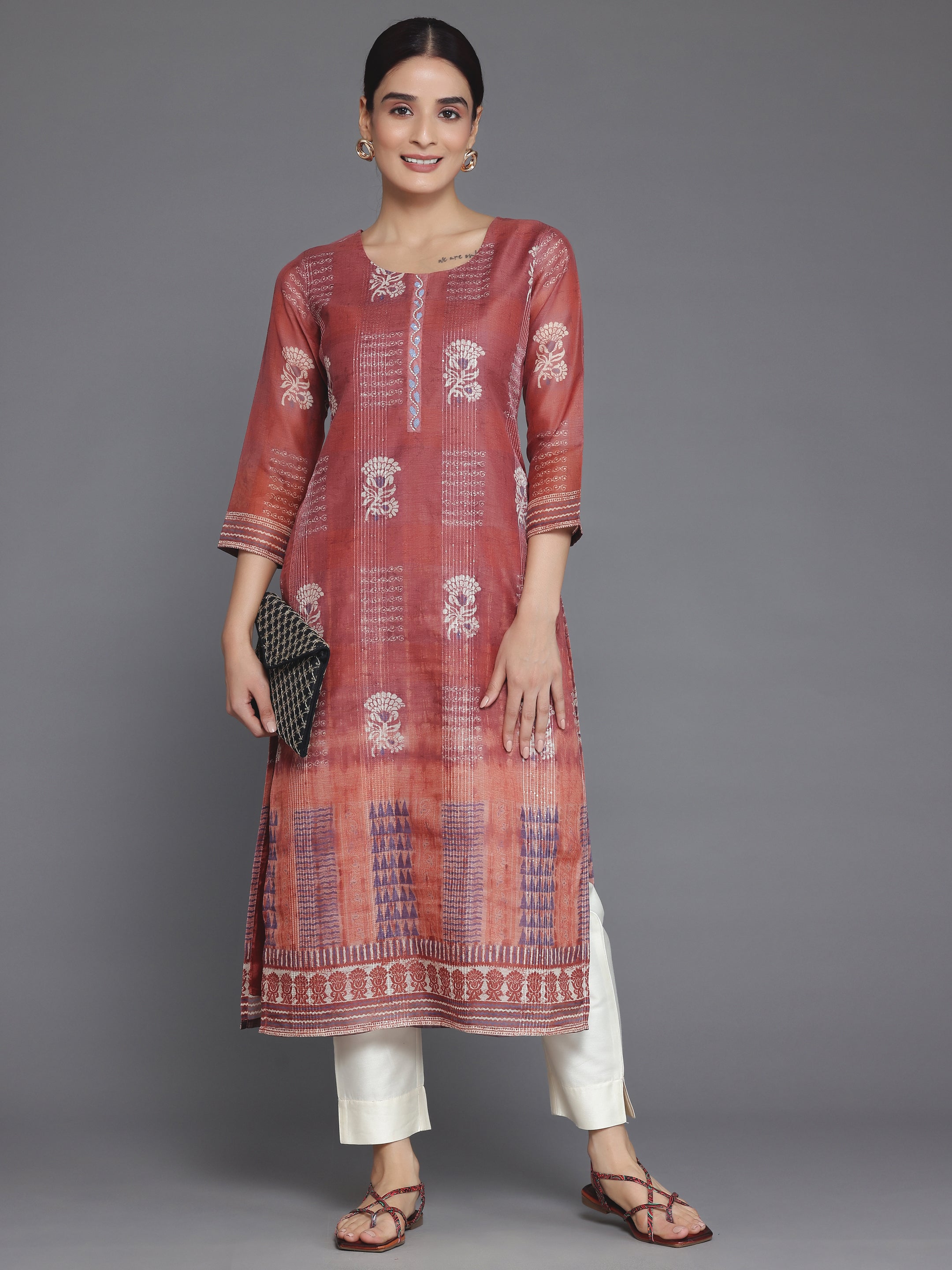 Rust Embellished Chanderi Silk Straight Kurta