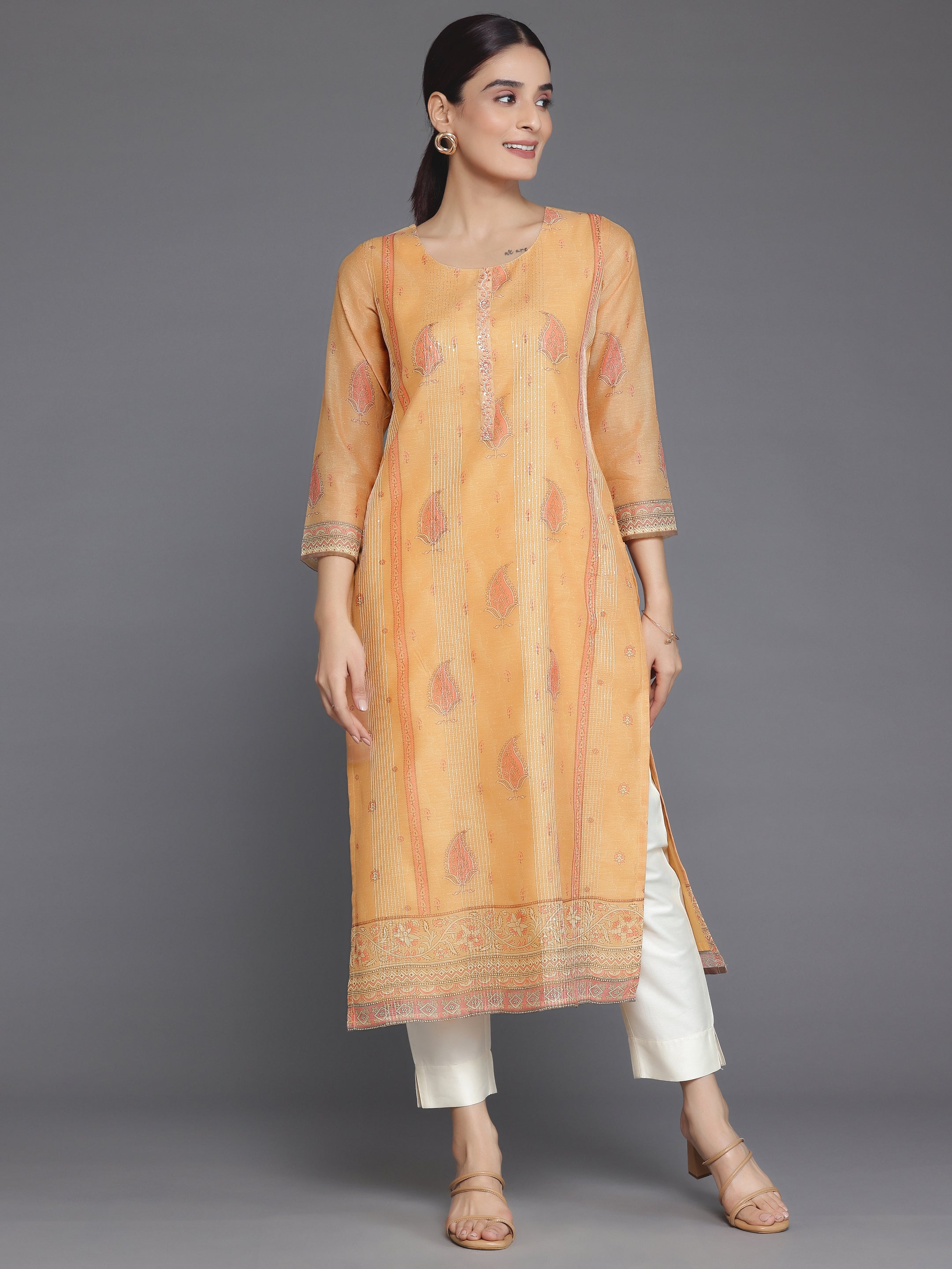 Orange Embellished Chanderi Silk Straight Kurta