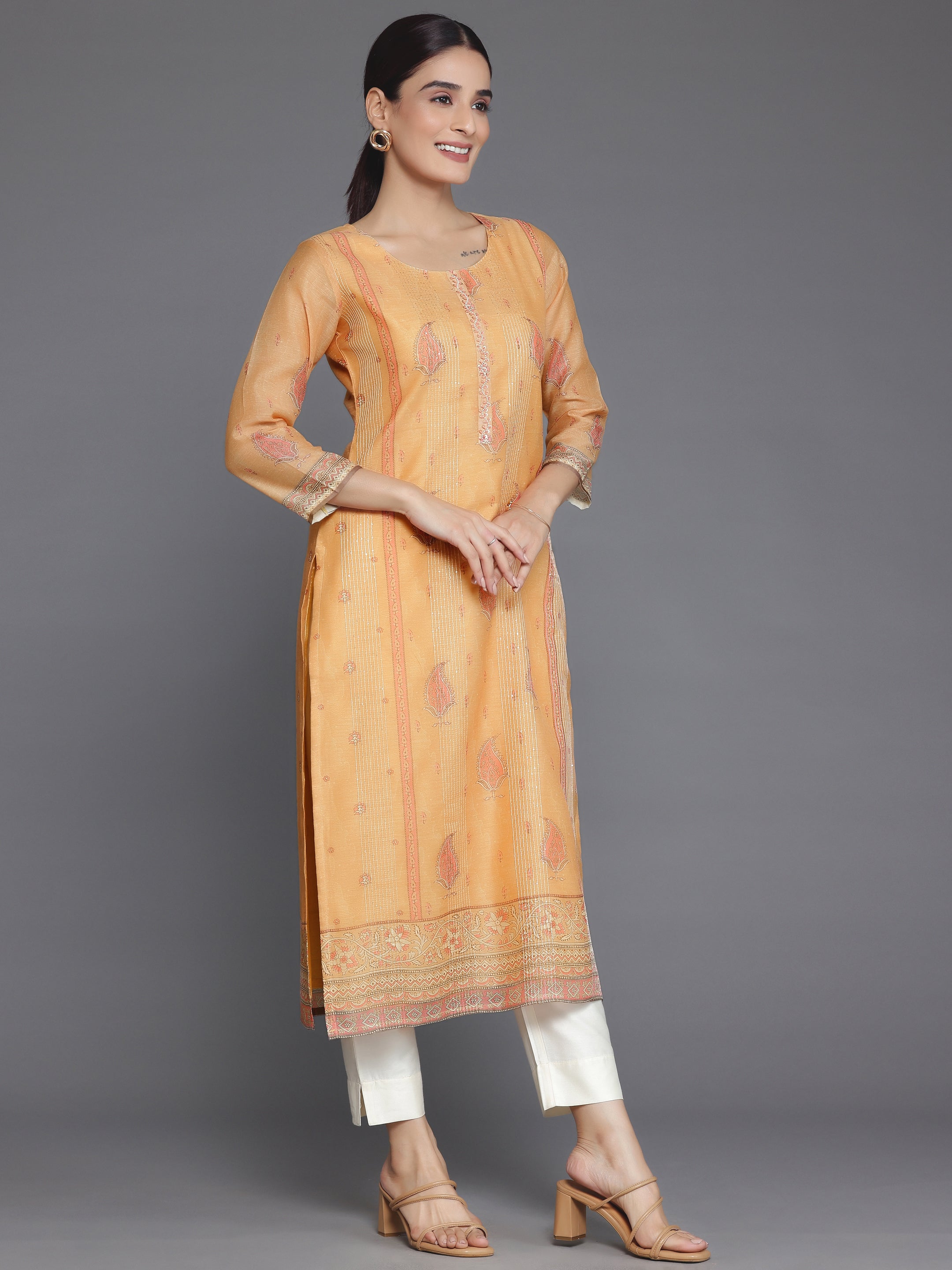 Orange Embellished Chanderi Silk Straight Kurta