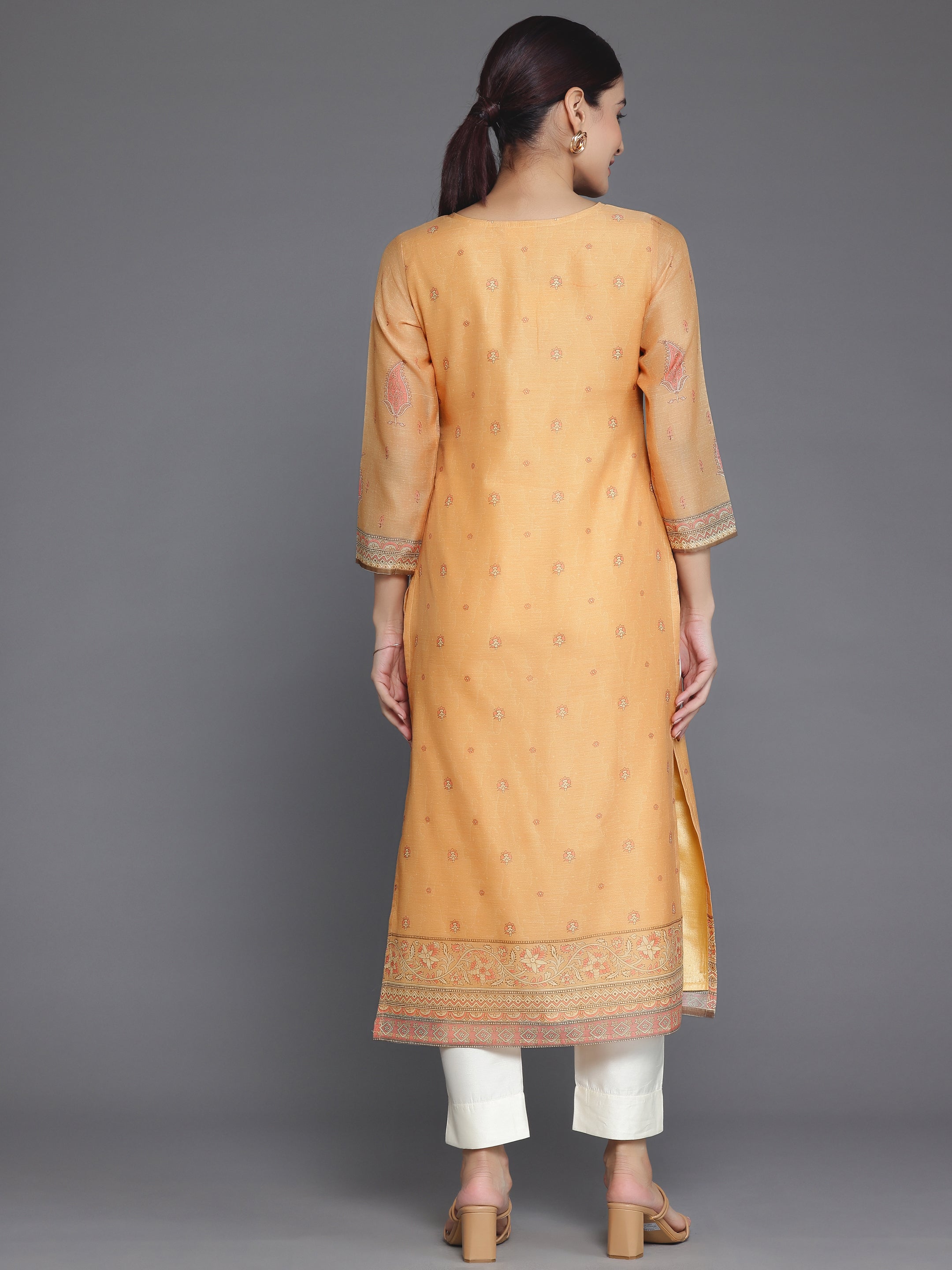 Orange Embellished Chanderi Silk Straight Kurta