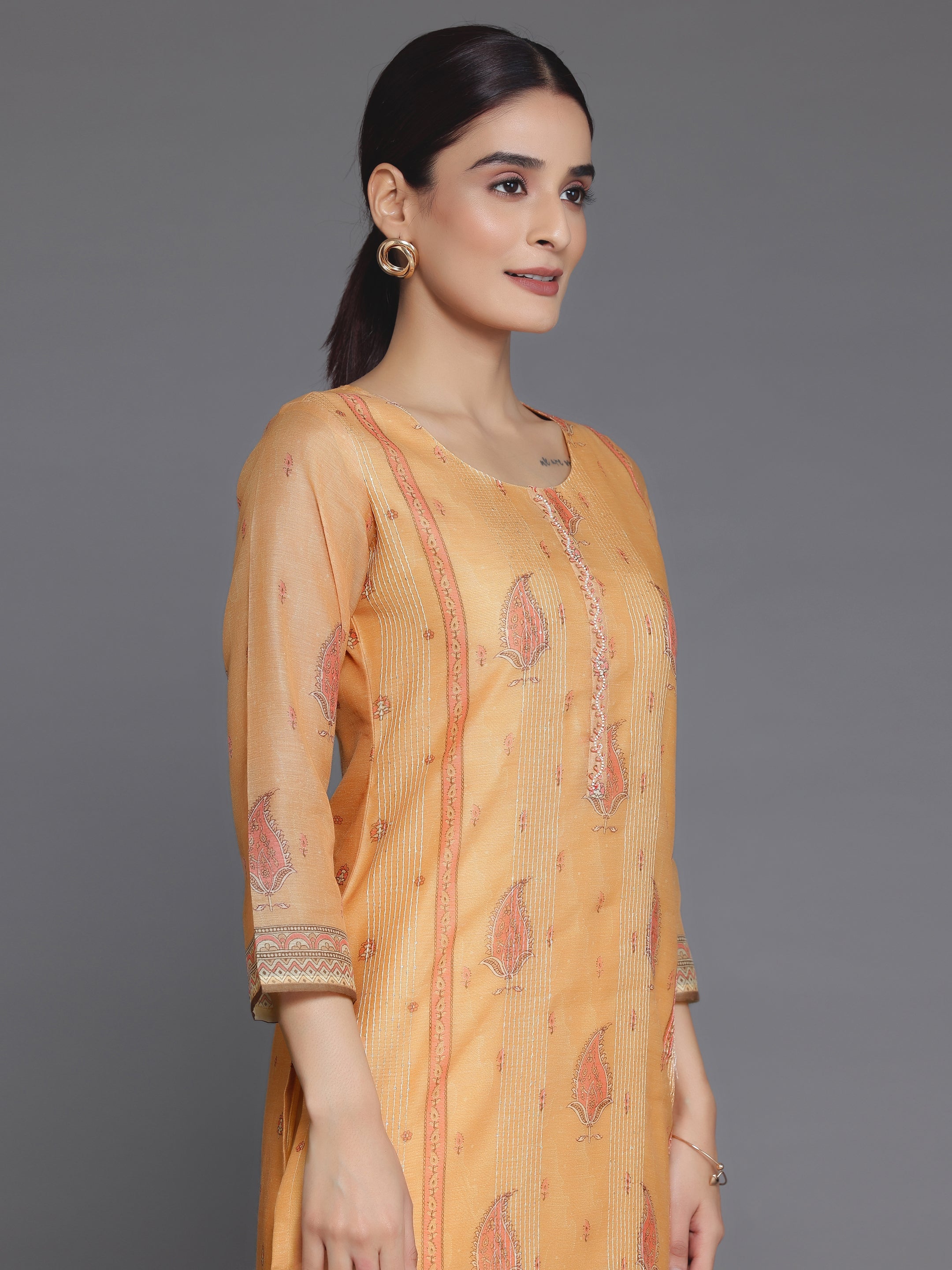 Orange Embellished Chanderi Silk Straight Kurta