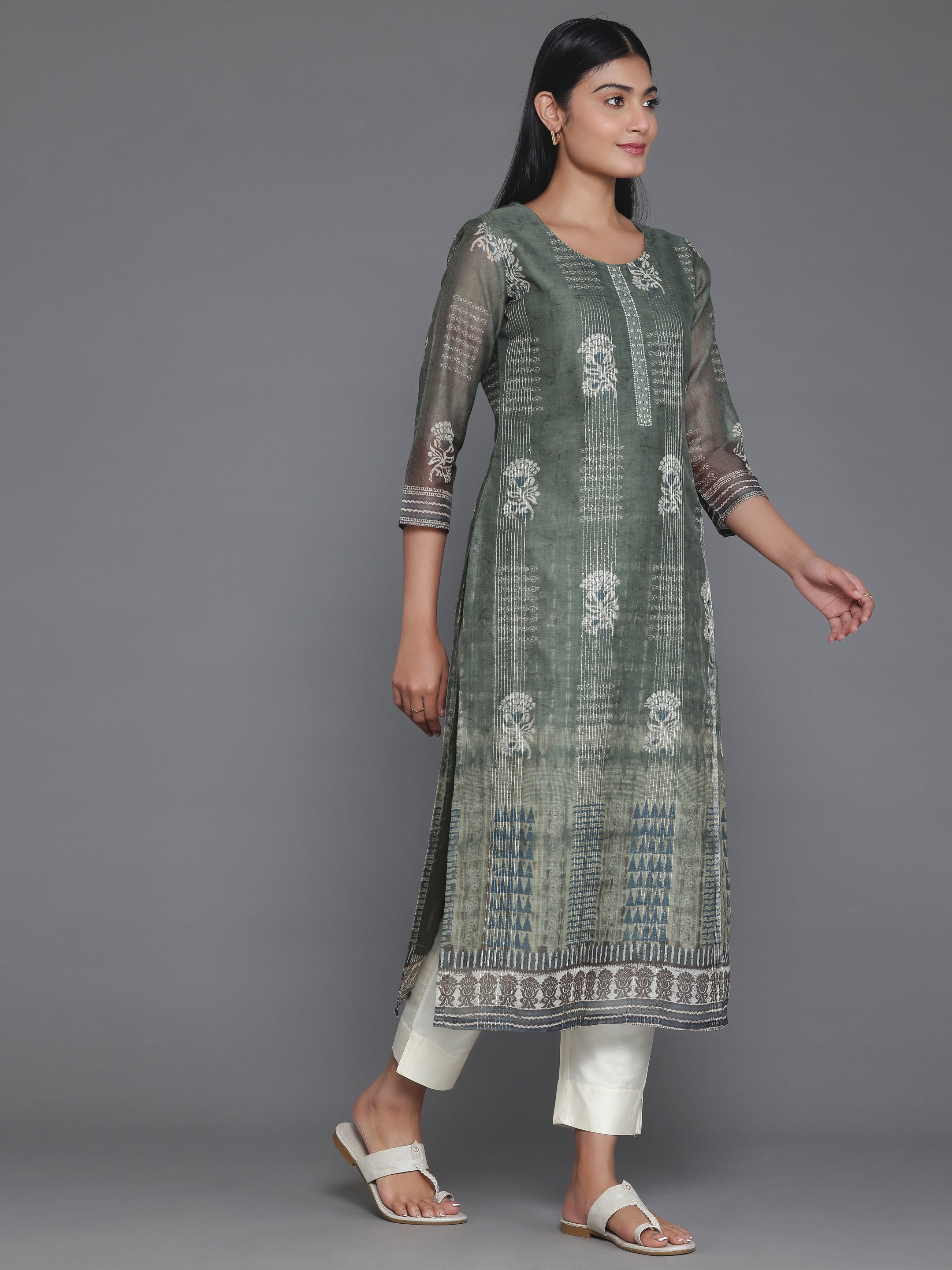 Olive Embellished Chanderi Silk Straight Kurta