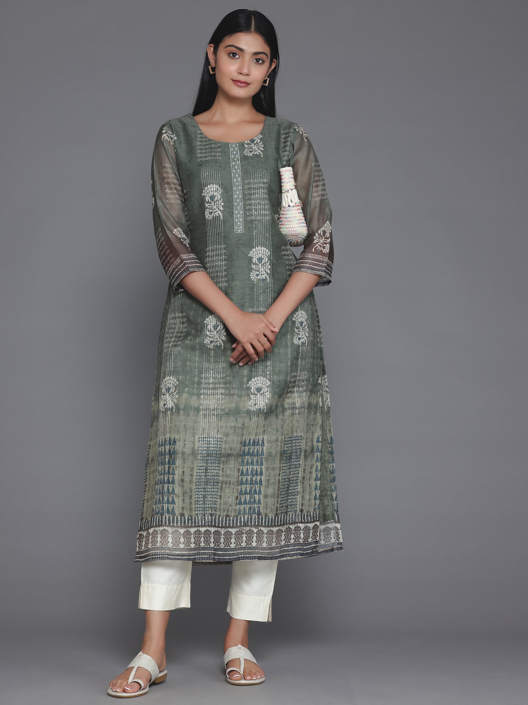 Olive Embellished Chanderi Silk Straight Kurta