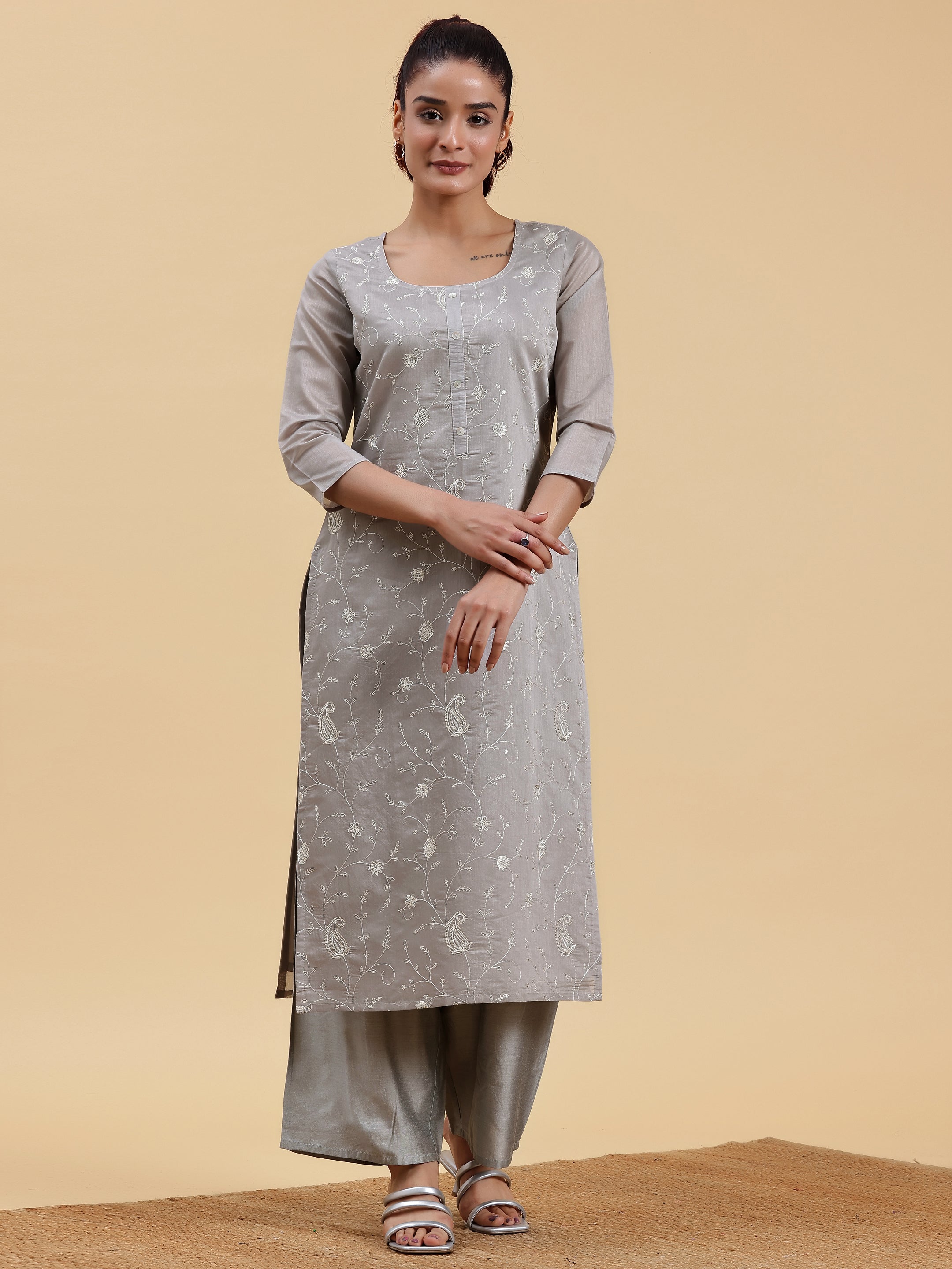 Grey Embroidered Chanderi Silk Straight Kurta