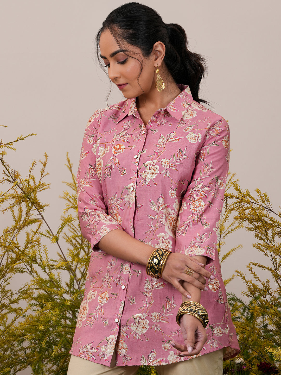 Pink Printed Silk Blend A-Line Kurti