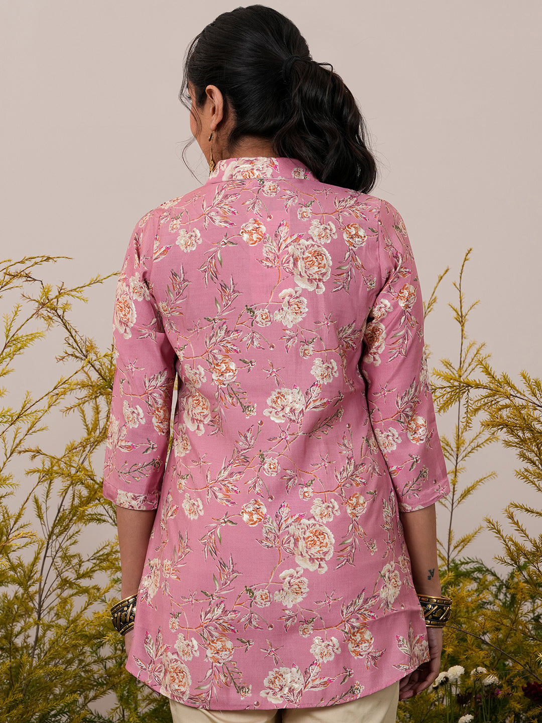 Pink Printed Silk Blend A-Line Kurti