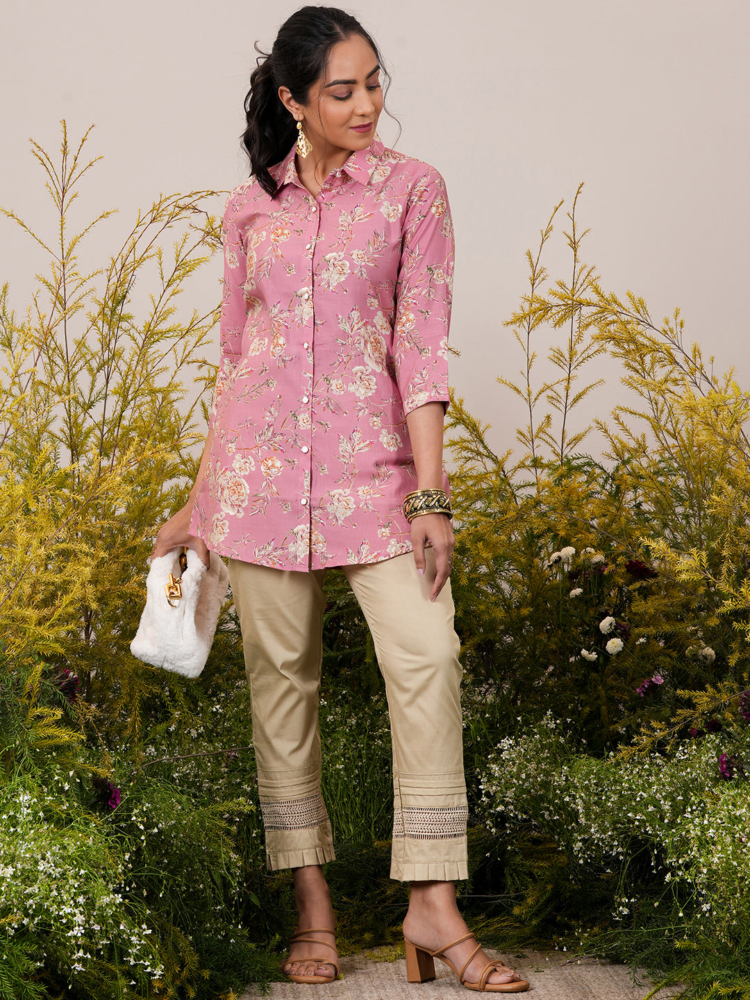 Pink Printed Silk Blend A-Line Kurti