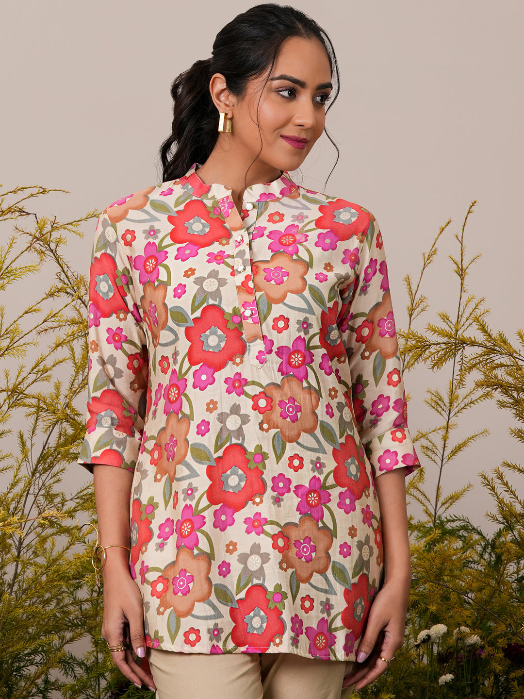 Cream Printed Silk Blend A-Line Kurti