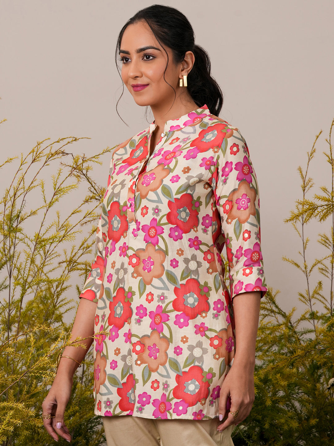 Cream Printed Silk Blend A-Line Kurti