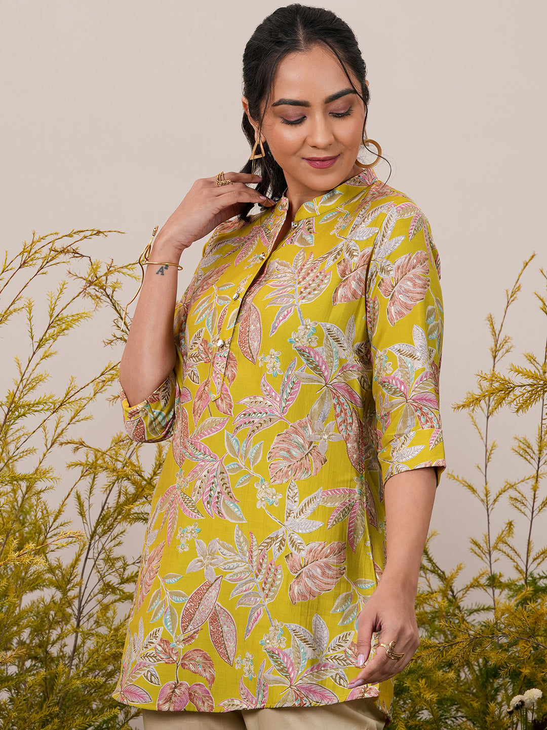 Yellow Printed Silk Blend A-Line Kurti