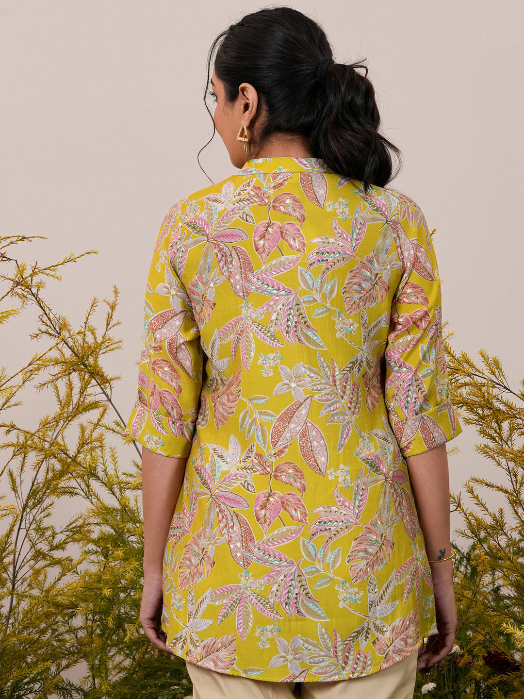 Yellow Printed Silk Blend A-Line Kurti