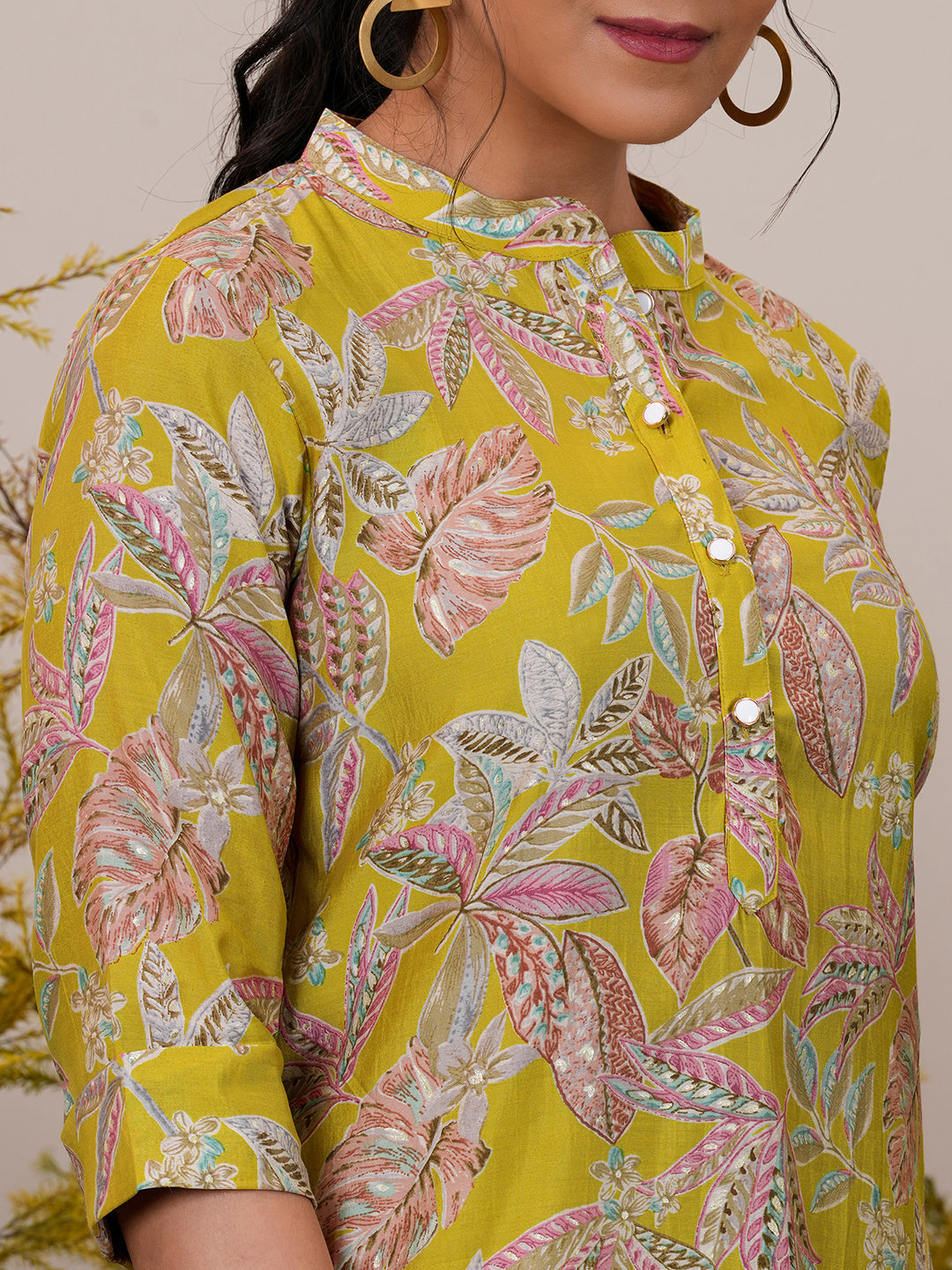 Yellow Printed Silk Blend A-Line Kurti