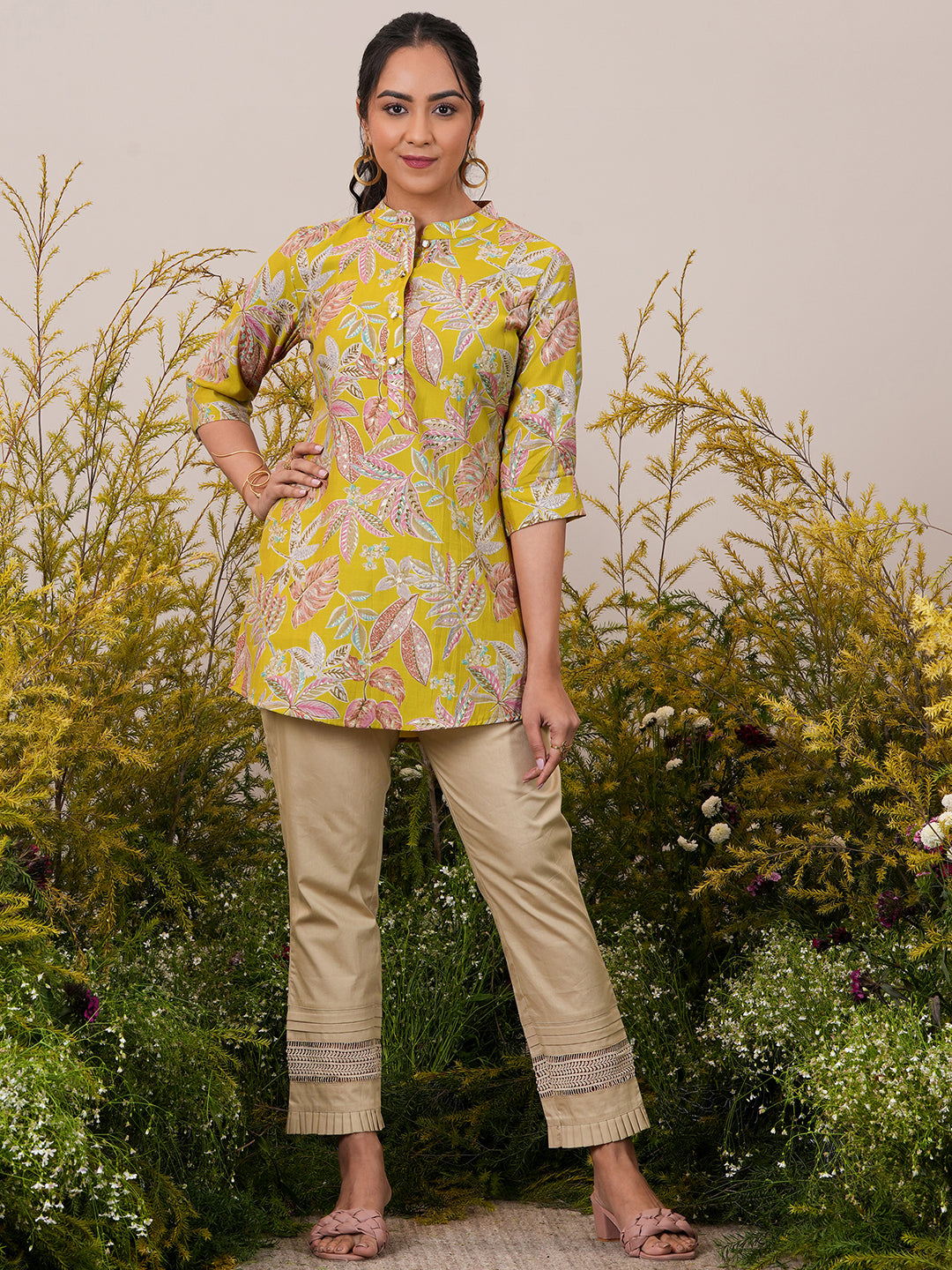 Yellow Printed Silk Blend A-Line Kurti