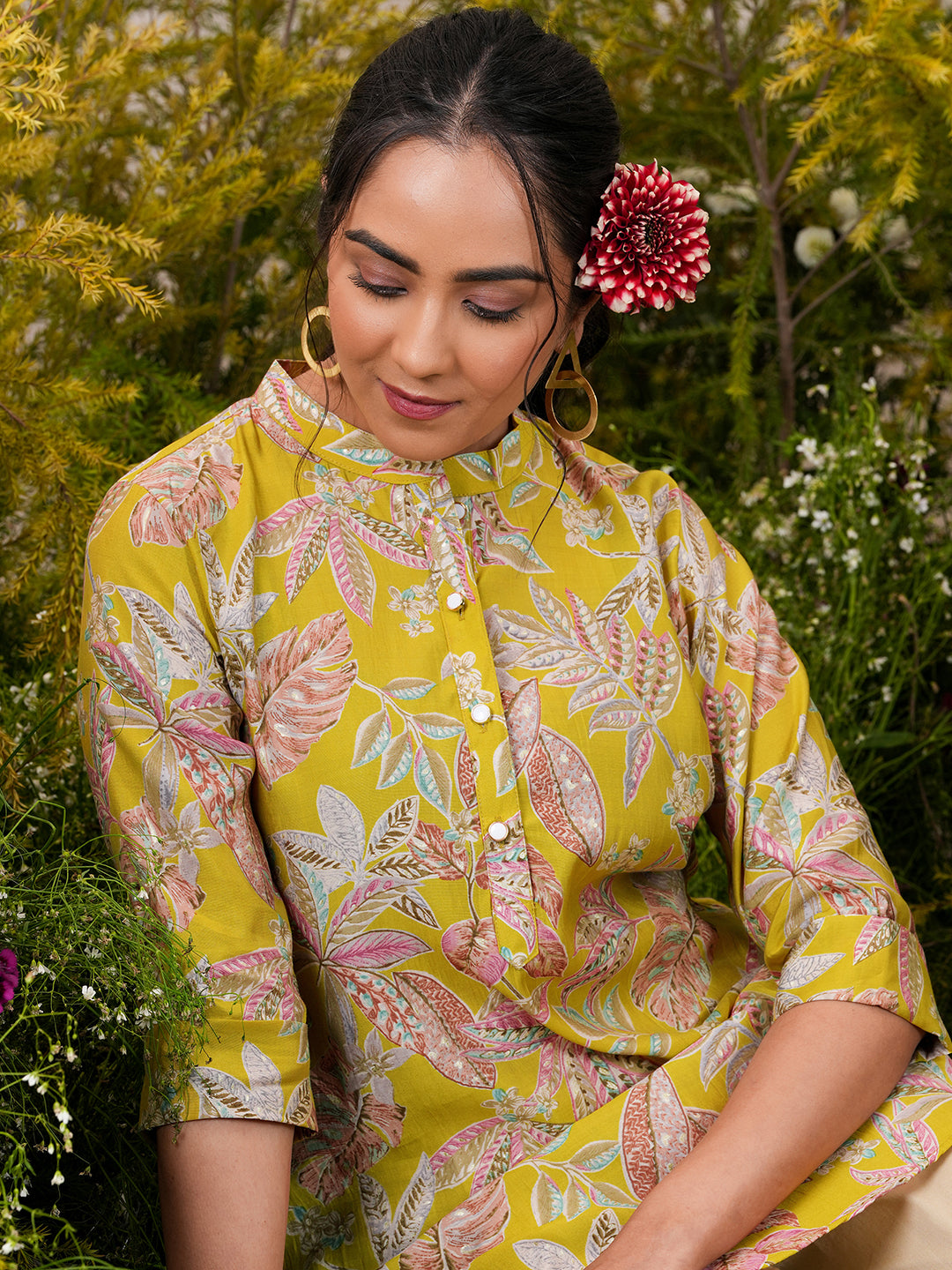 Yellow Printed Silk Blend A-Line Kurti