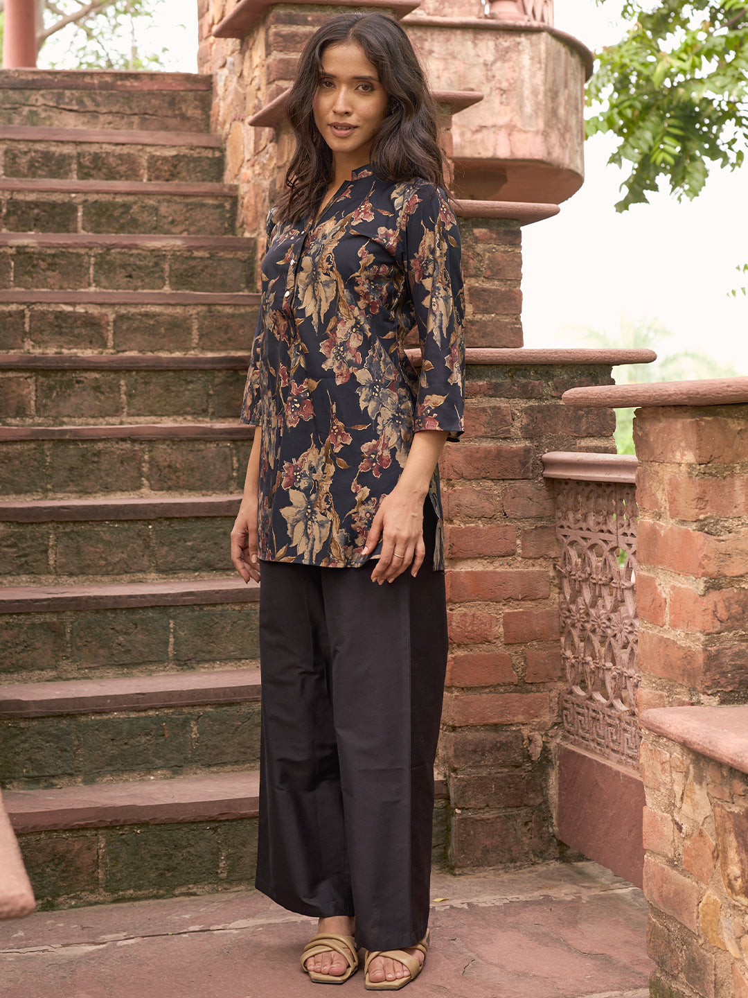 Black Printed Silk Blend A-Line Kurti