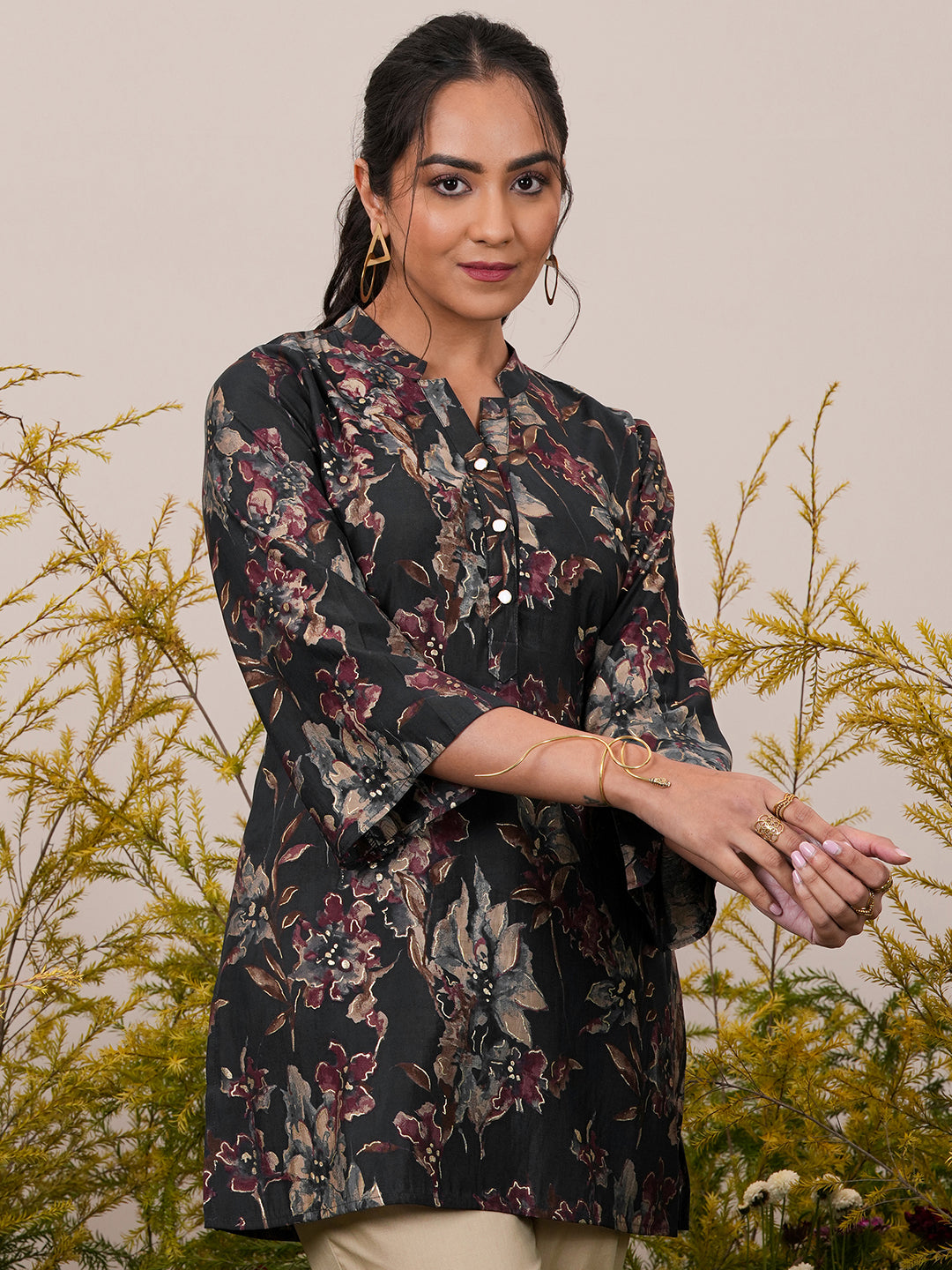 Black Printed Silk Blend A-Line Kurti