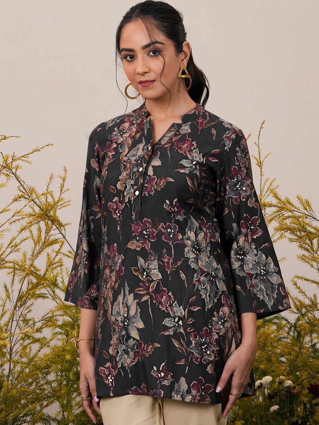 Black Printed Silk Blend A-Line Kurti