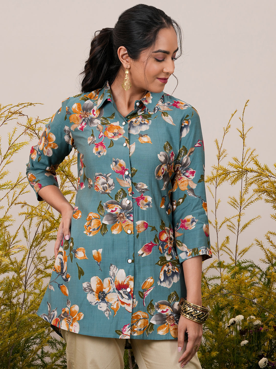 Blue Printed Silk Blend A-Line Kurti